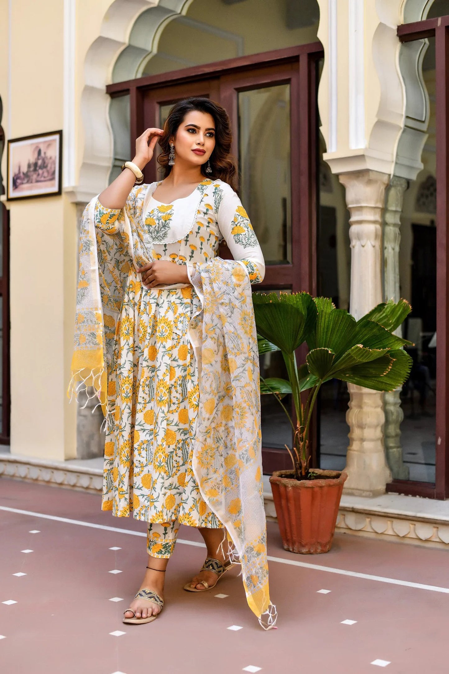 Women White Printed Pure Cotton Kurta, Pant And Dupatta Set