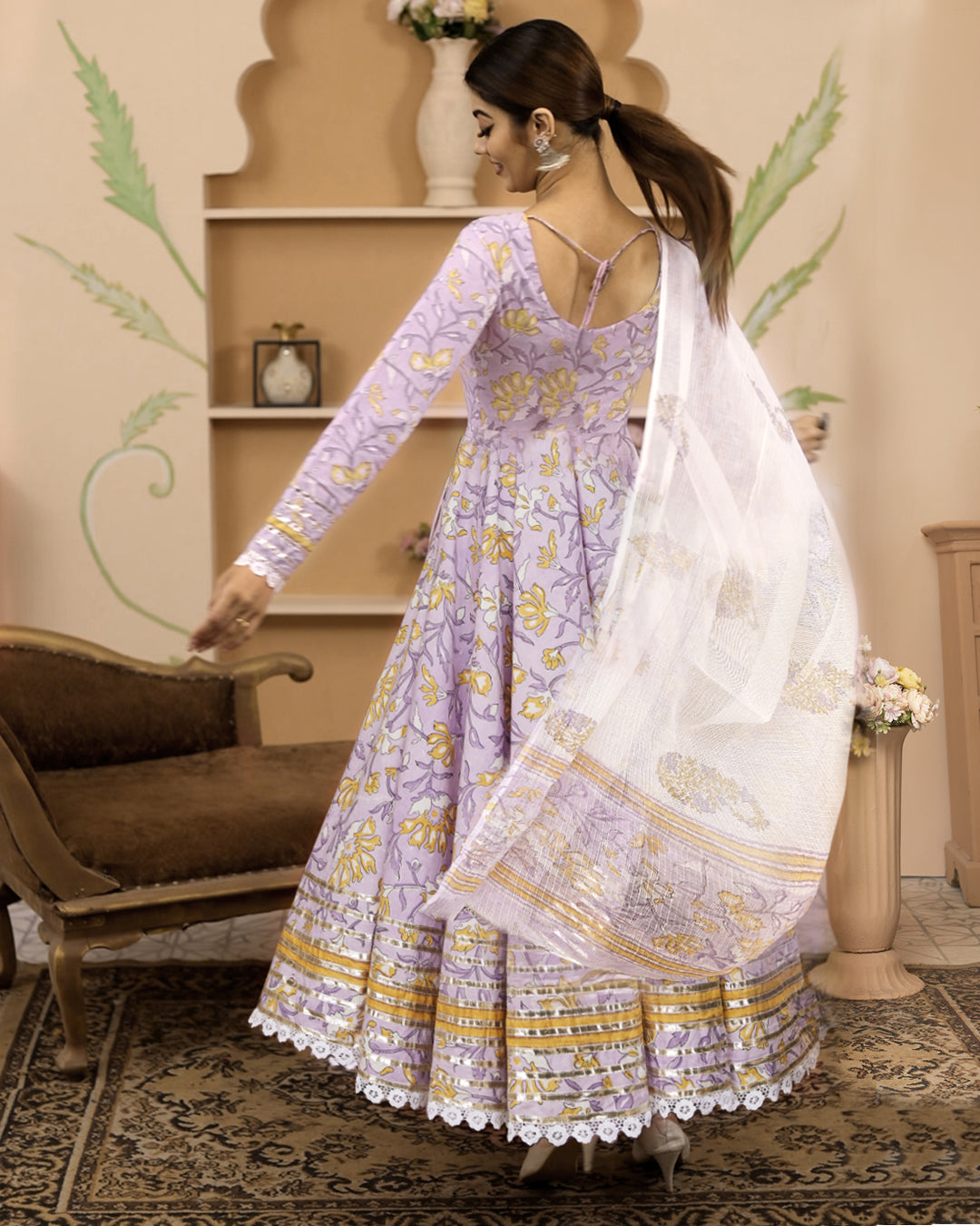 Handblock Printed Lavender Anarkali Cotton Kurta With Trousers & Dupatta