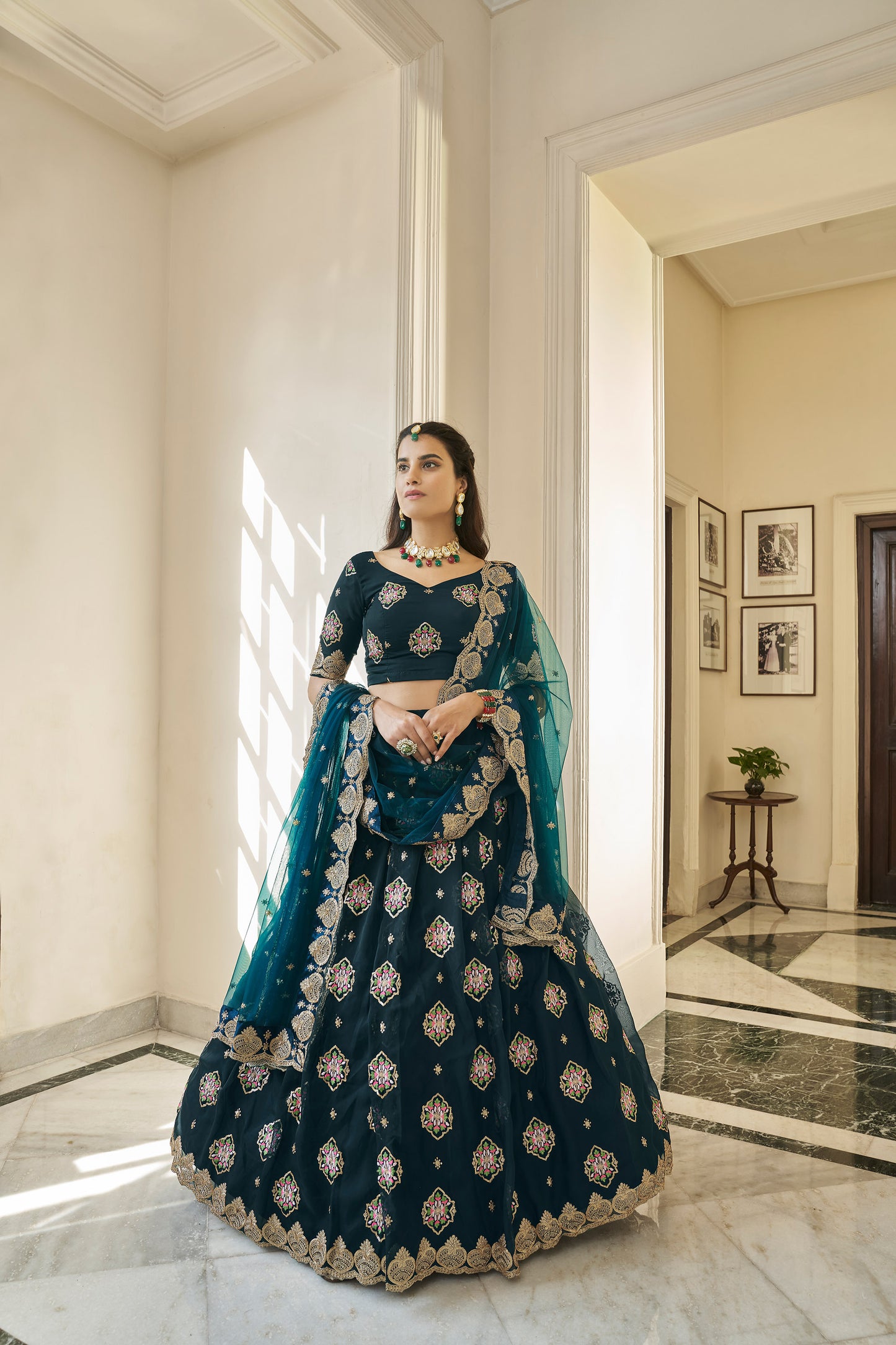 Teal Blue Organza Zari and Sequins Embroidery Lehenga