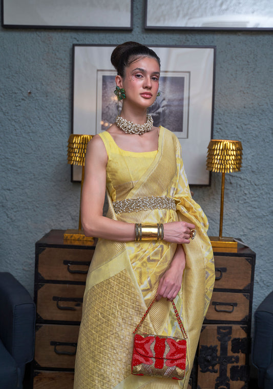 Pale Yellow Kaapas Linen Handloom Saree