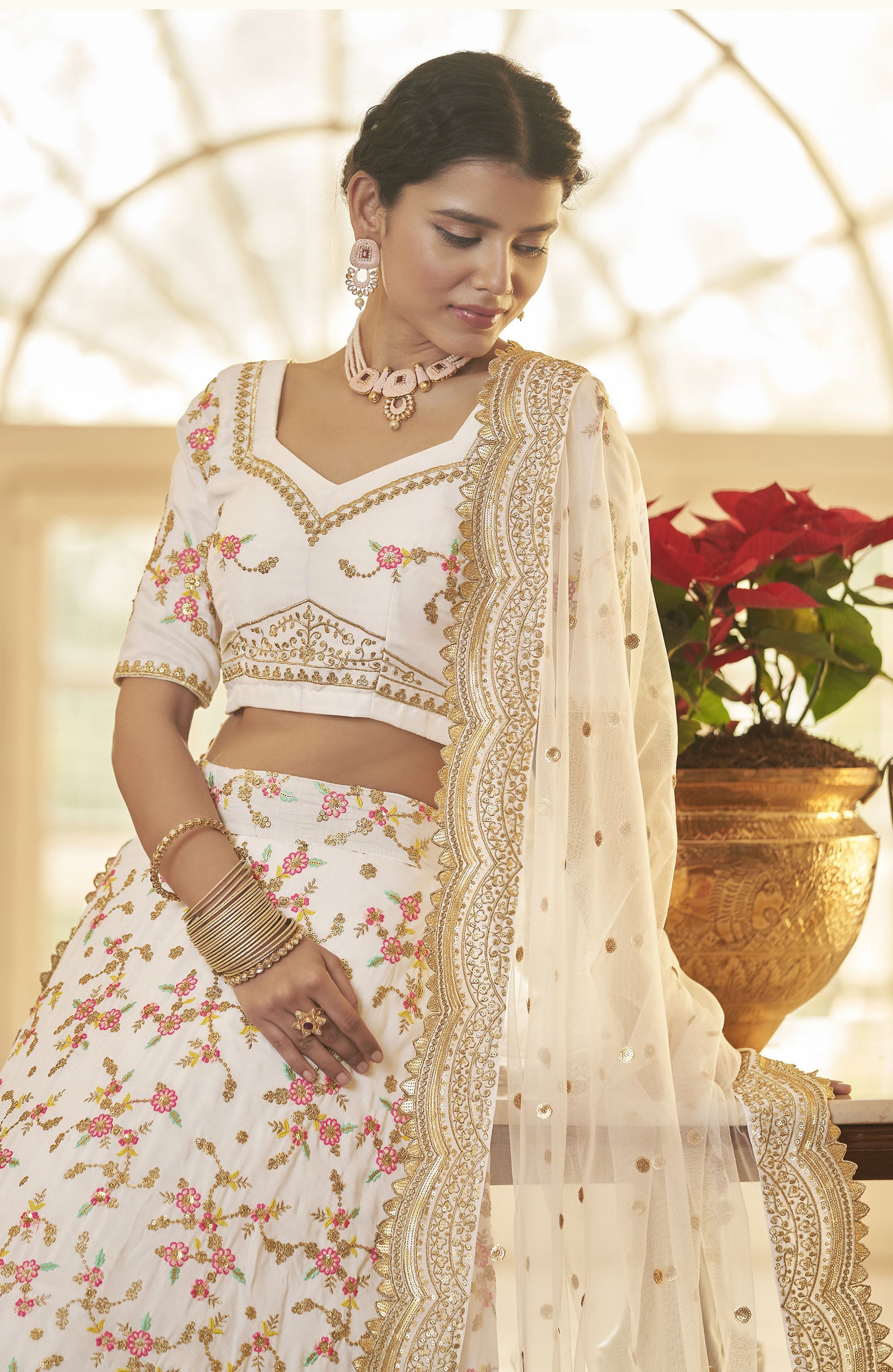 White Chinnon Silk Sequins Work Engagement Lehenga