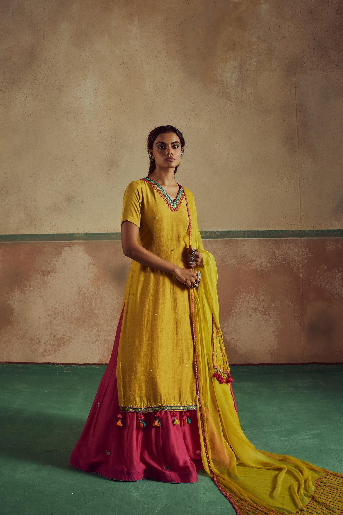 backless yellow  kurta skirt set