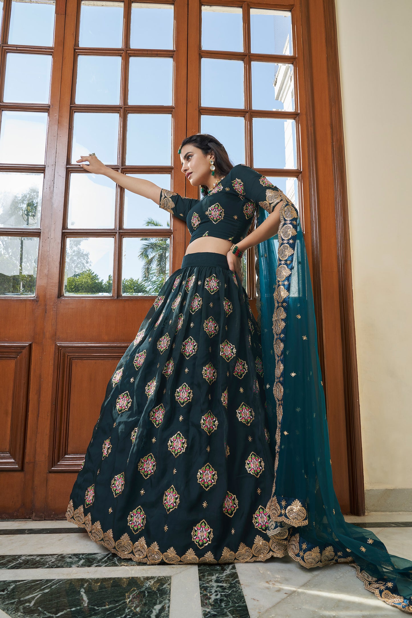 Teal Blue Organza Zari and Sequins Embroidery Lehenga