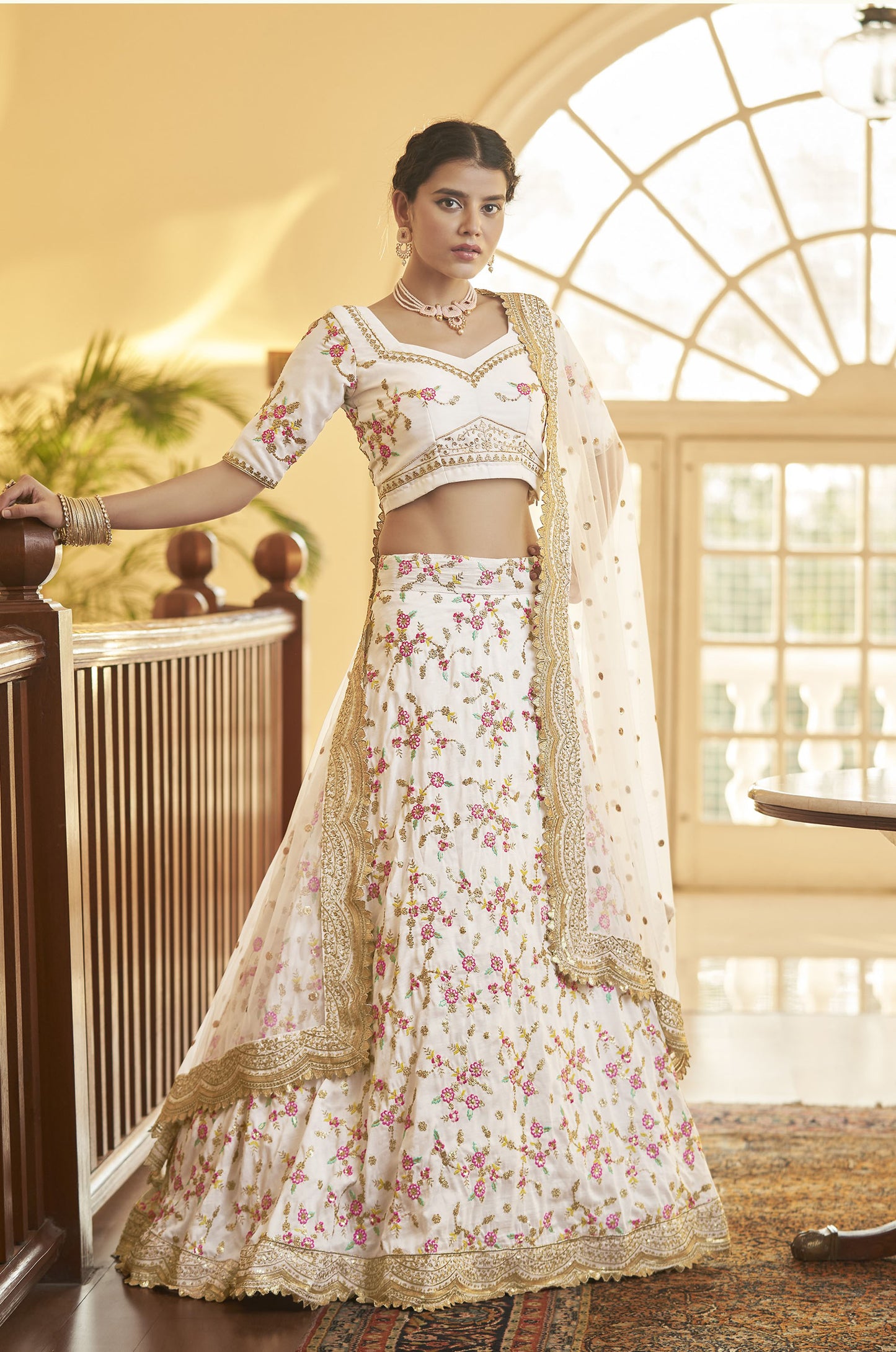 White Chinnon Silk Sequins Work Engagement Lehenga