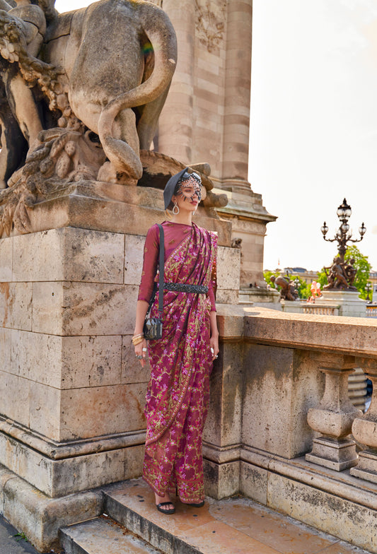 Burgundy Kaarsi Organza Silk Handloom Saree