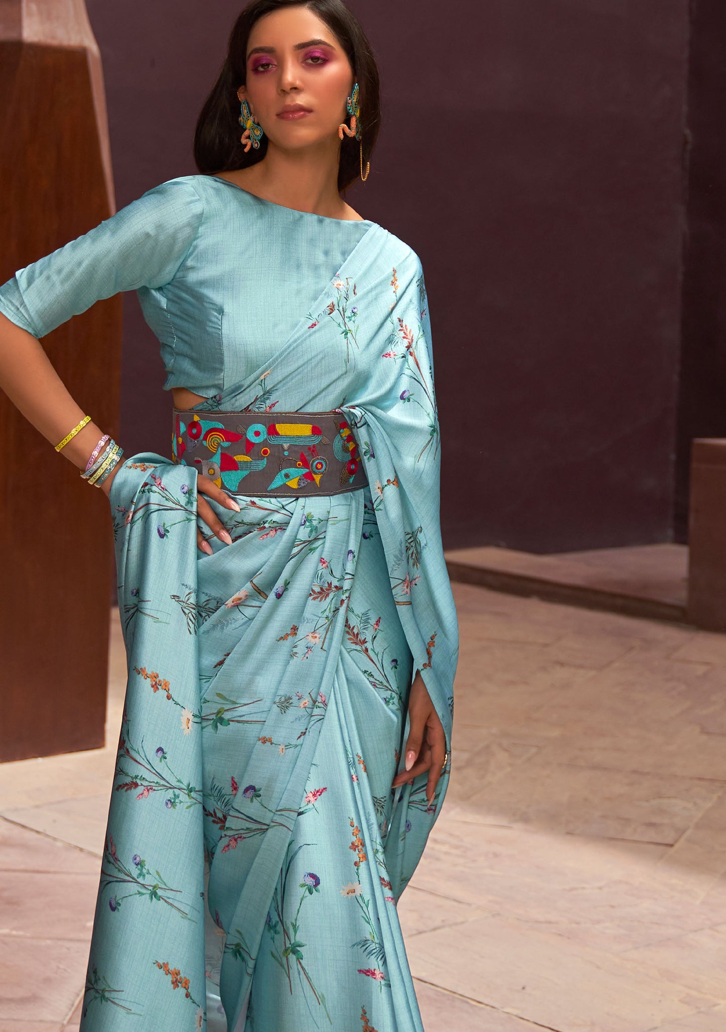 Teal Floral Print Kudos Digital Printed Satin Saree