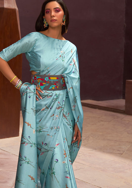 Teal Floral Print Kudos Digital Printed Satin Saree