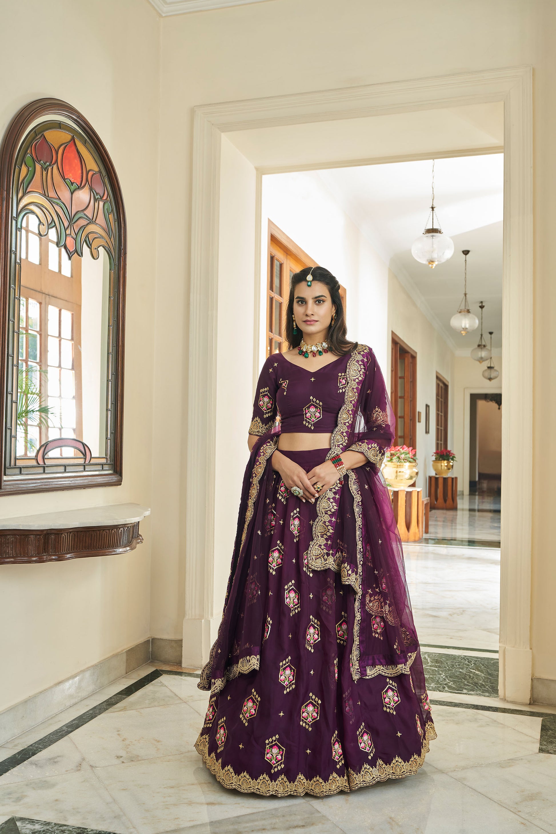 Purple Organza Sequins Work Bridesmaid Lehenga