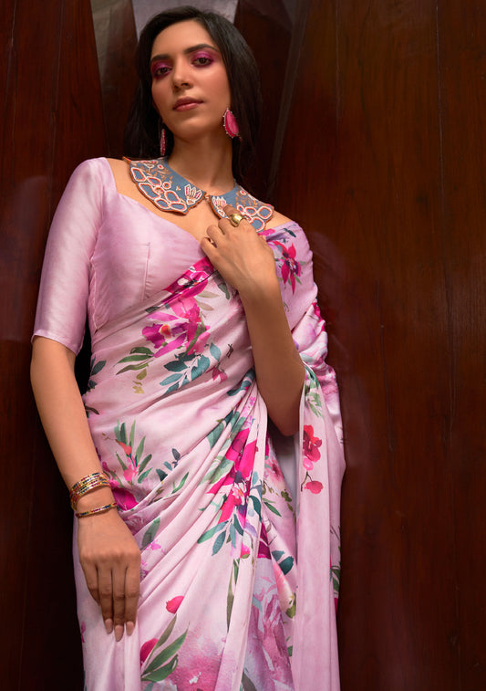 Pink Floral Print Kudos Digital Printed Satin Saree