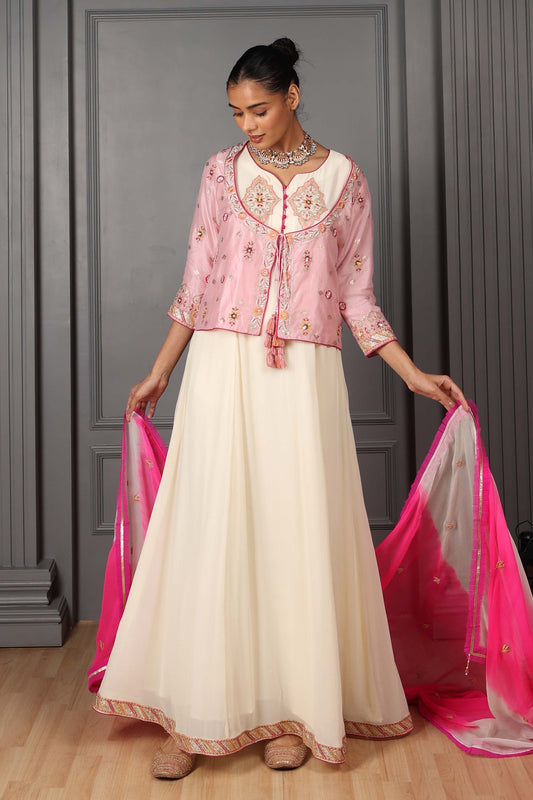 Hastkala Offwhite Organza Thread Embroidered Festive Kalidar set