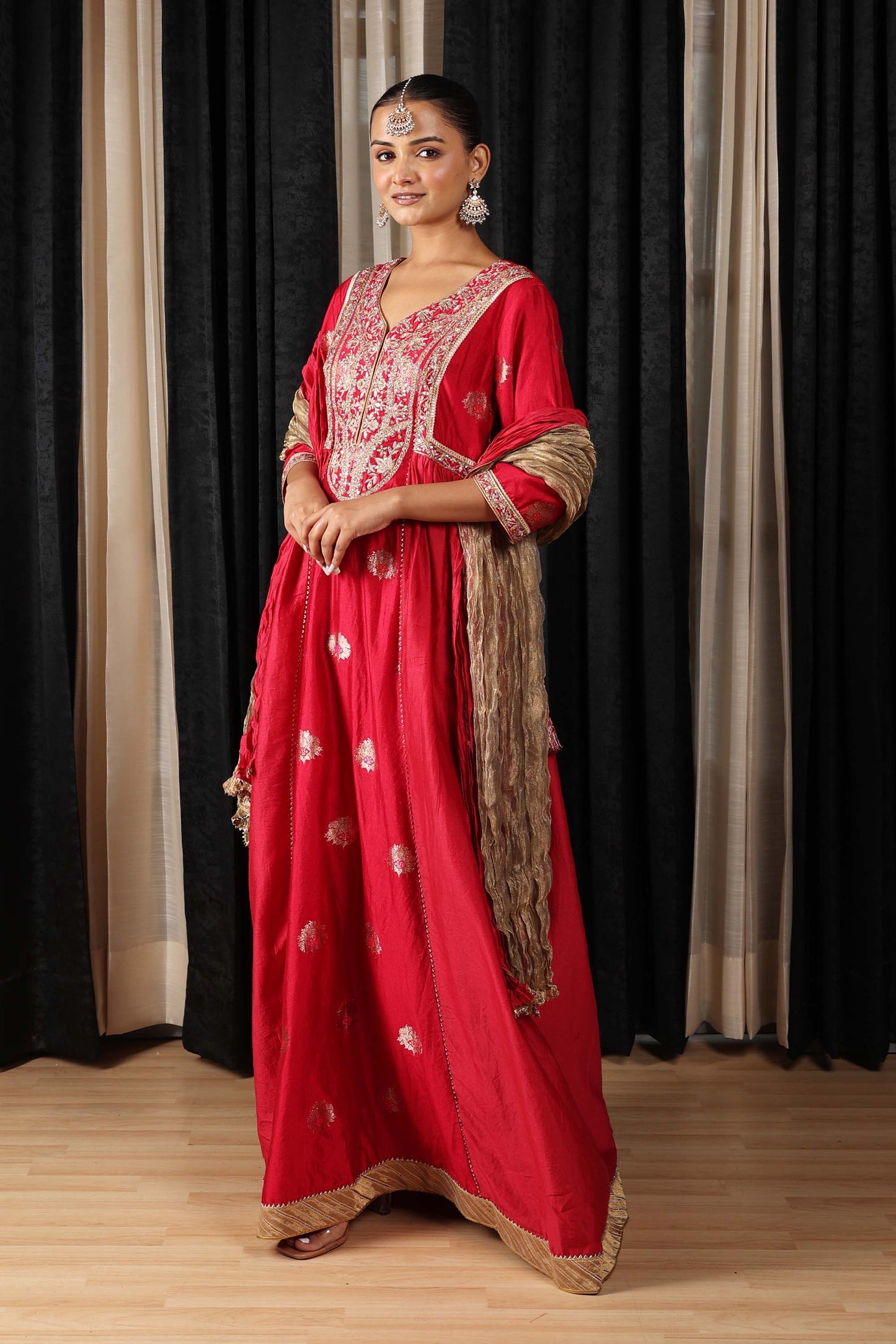 Indian Nomads Red Varanasi Silk Embroidered Engagement Anarkalis