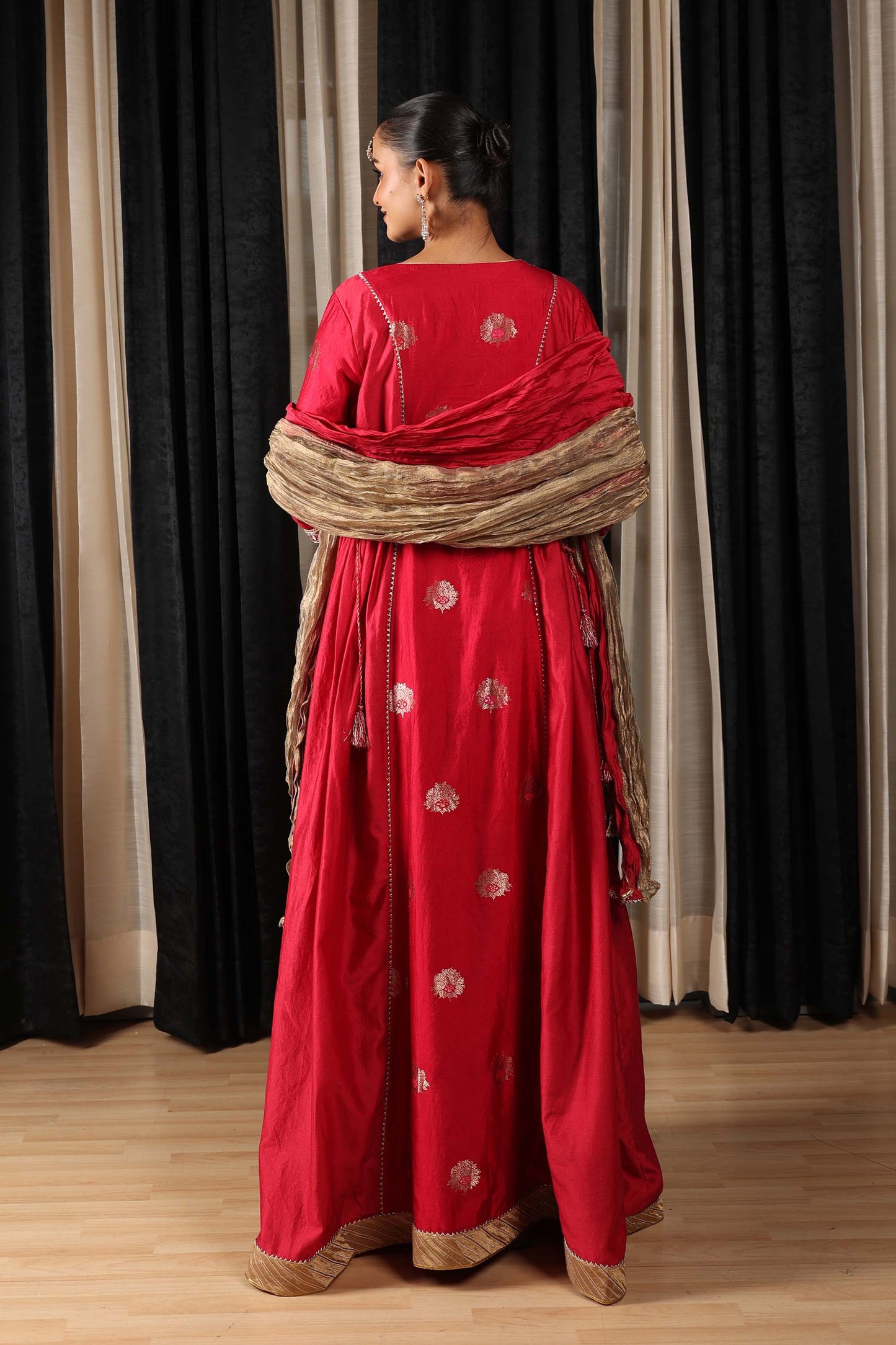 Indian Nomads Red Varanasi Silk Embroidered Engagement Anarkalis