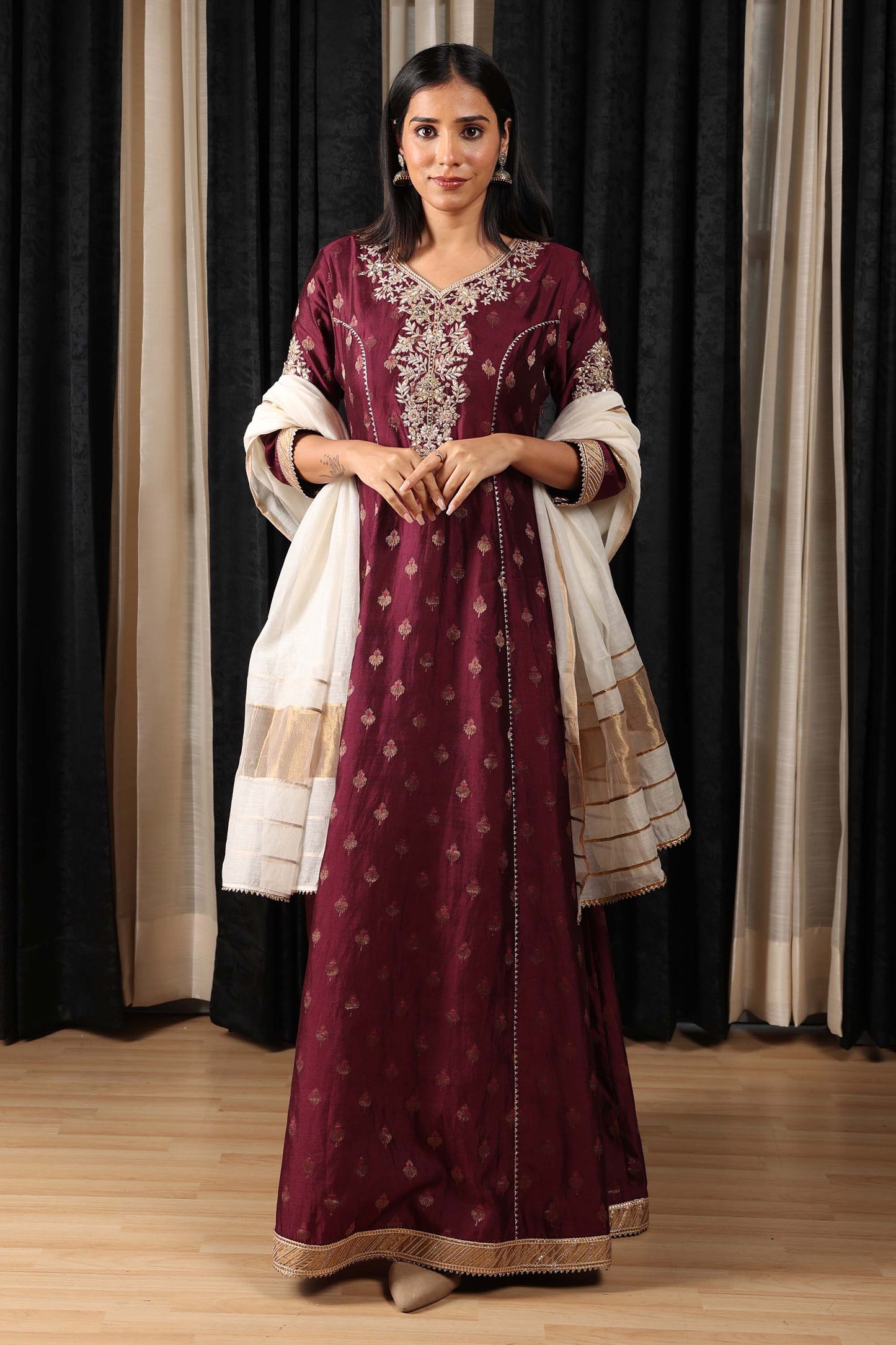 Indian Nomads Maroon Chanderi Silk Embroidered Festive Anarkalis