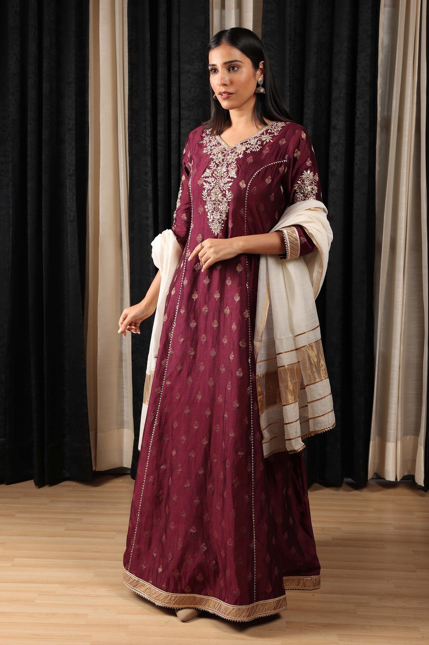 Indian Nomads Maroon Chanderi Silk Embroidered Festive Anarkalis