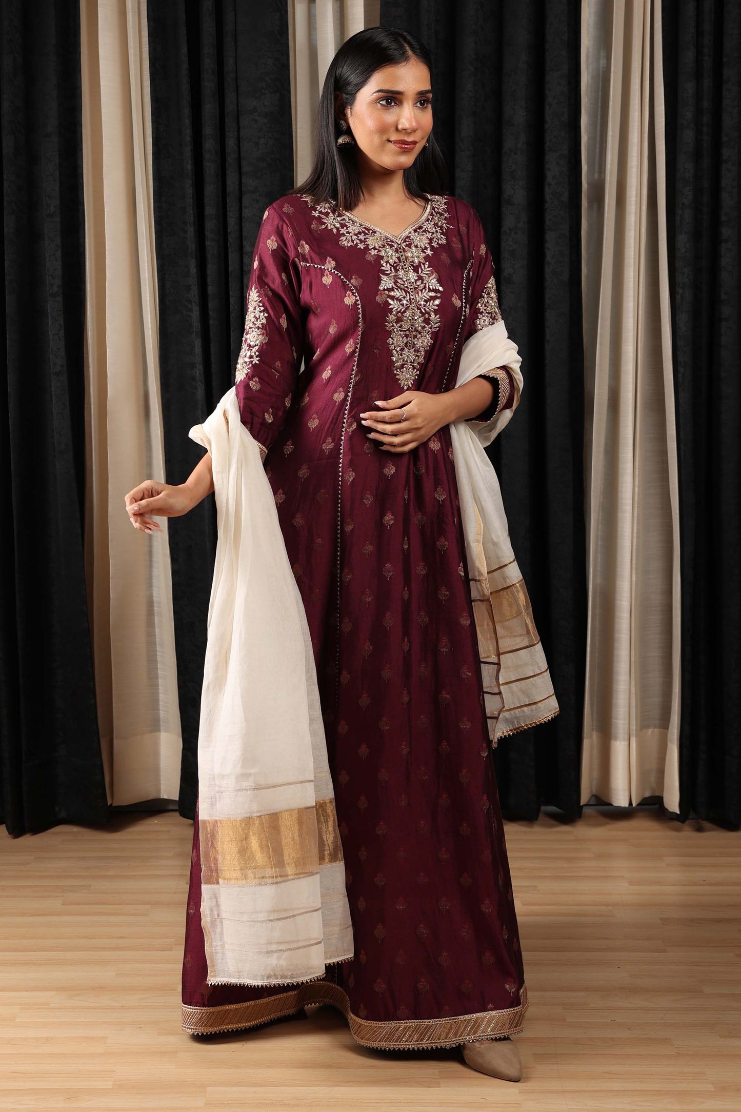 Indian Nomads Maroon Chanderi Silk Embroidered Festive Anarkalis