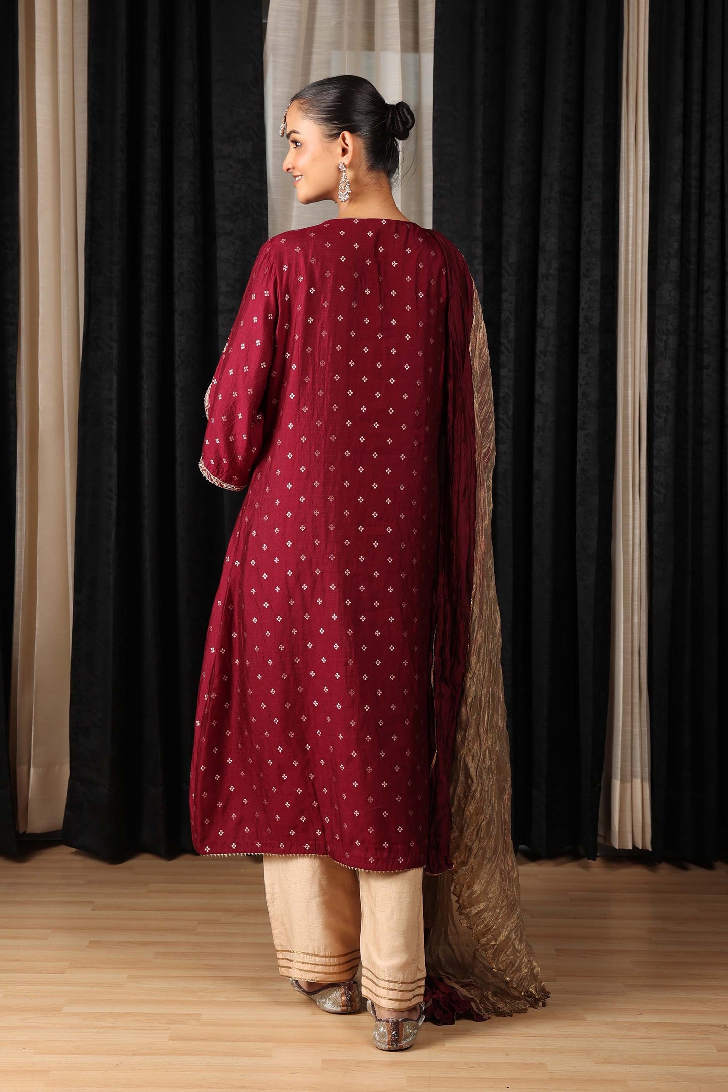 Indian Nomads HOS Maroon Chanderi Silk Embroidered Crushed tissue Kurta