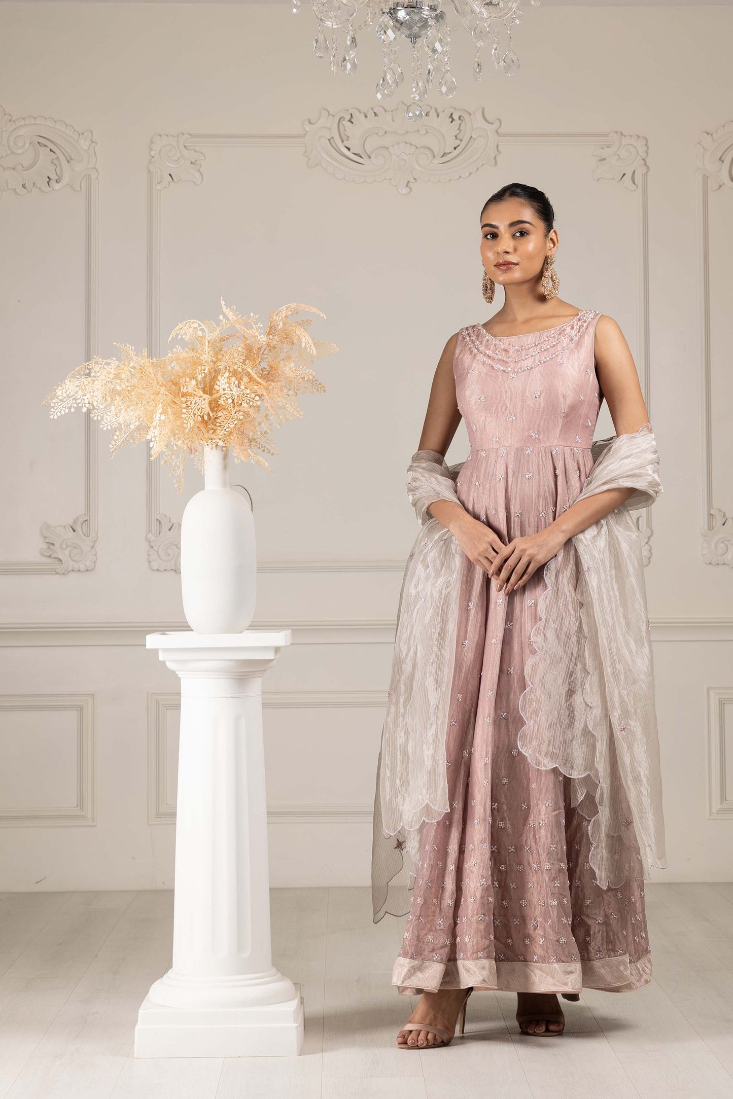 Royalty Peach Organza Thread & Pearl Kalidar Set