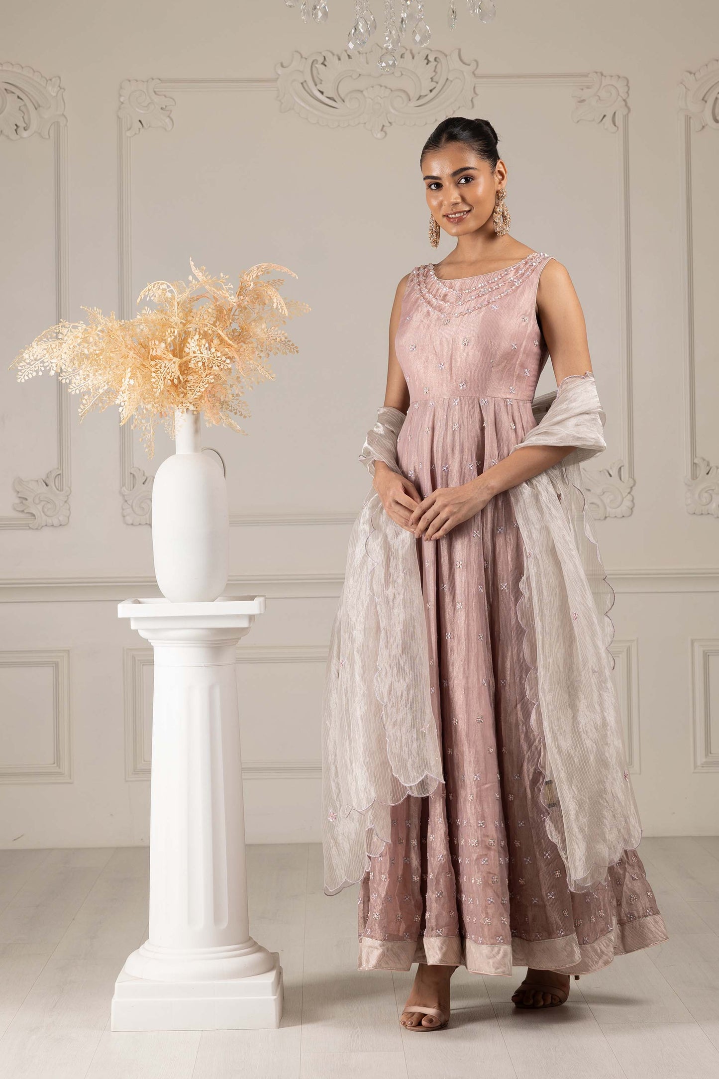 Royalty Peach Organza Thread & Pearl Kalidar Set