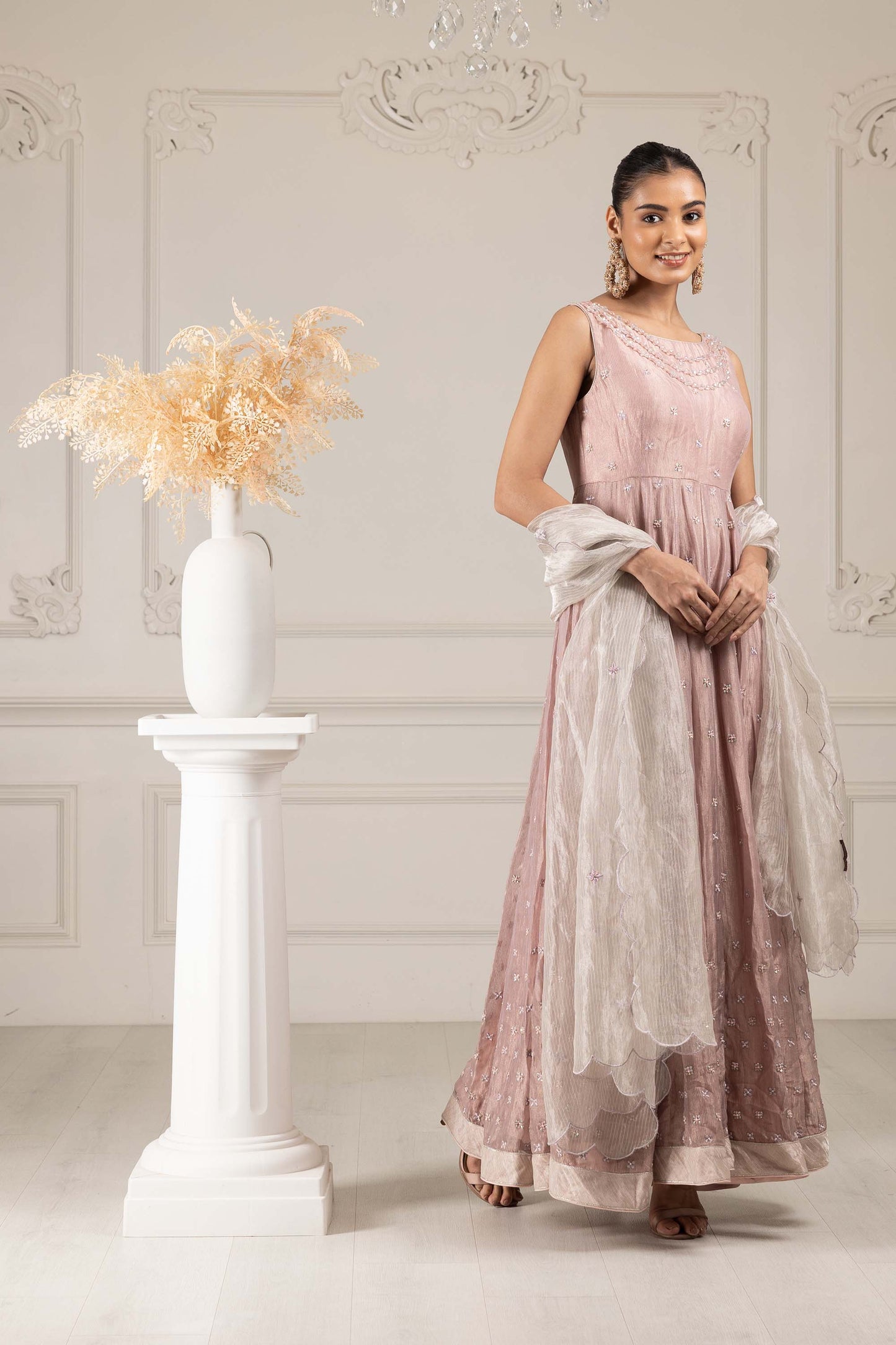 Royalty Peach Organza Thread & Pearl Kalidar Set