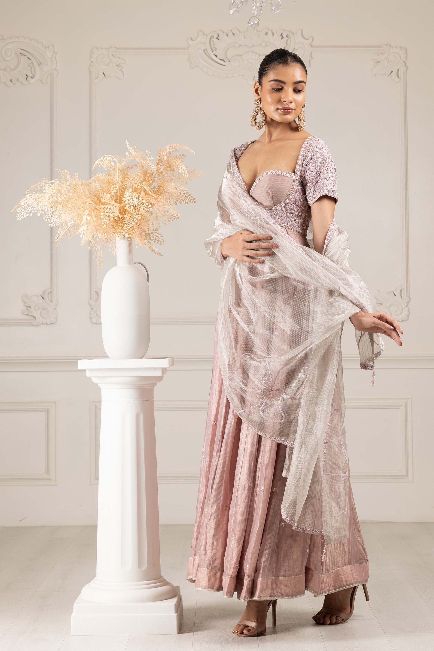 Royalty Peach Organza Thread & Pearl Cocktail Kalidar Set