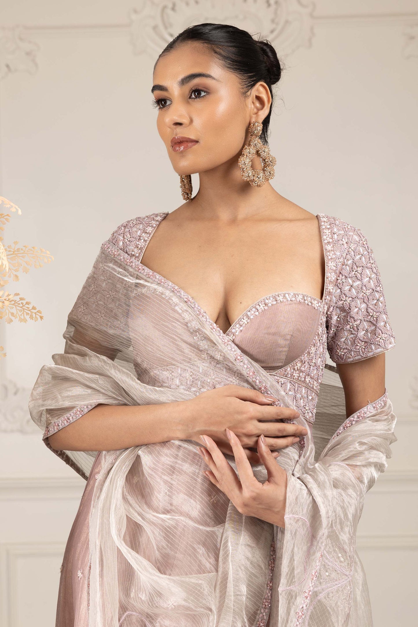 Royalty Peach Organza Thread & Pearl Cocktail Kalidar Set