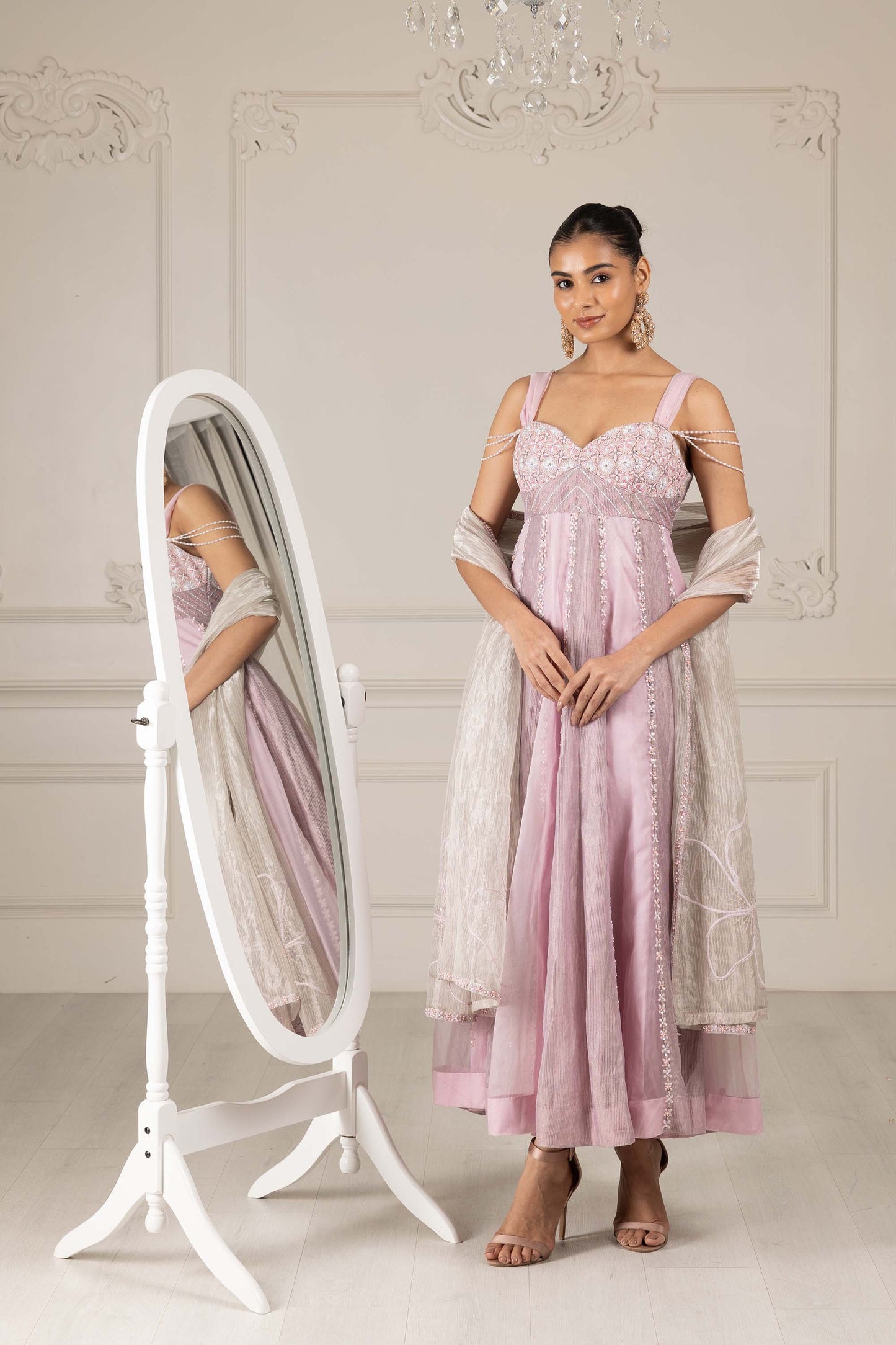 Royalty Lilac Organza Thread & Pearl Cocktail Kalidar Set