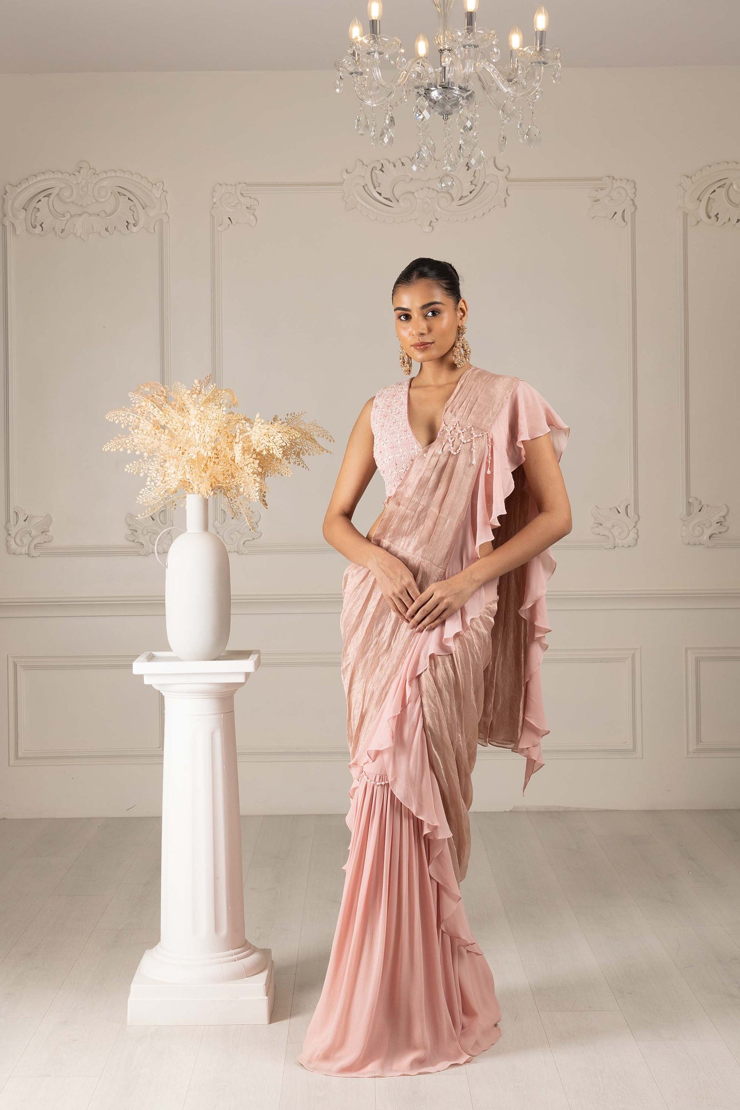 Royalty Peach Georgette Thread & Pearl Cocktail Drape Saree