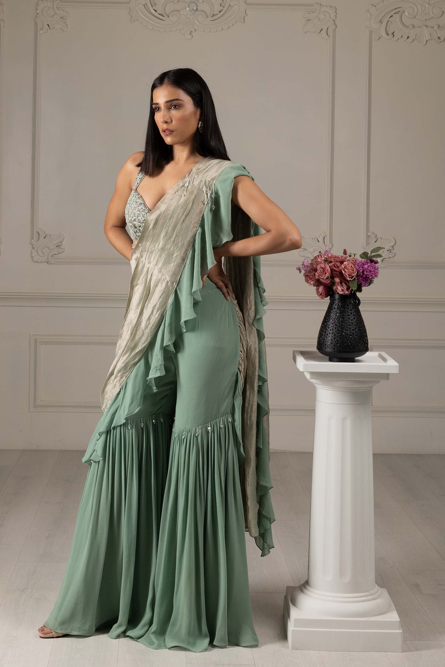 Royalty Tea Green Georgette Thread & Pearl Mehendi Drape Saree