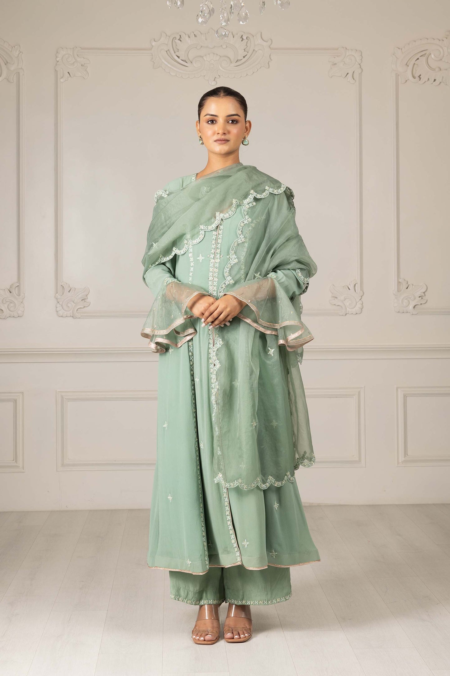 Royalty Tea Green Georgette Thread & Pearl Mehendi Kalidar Set