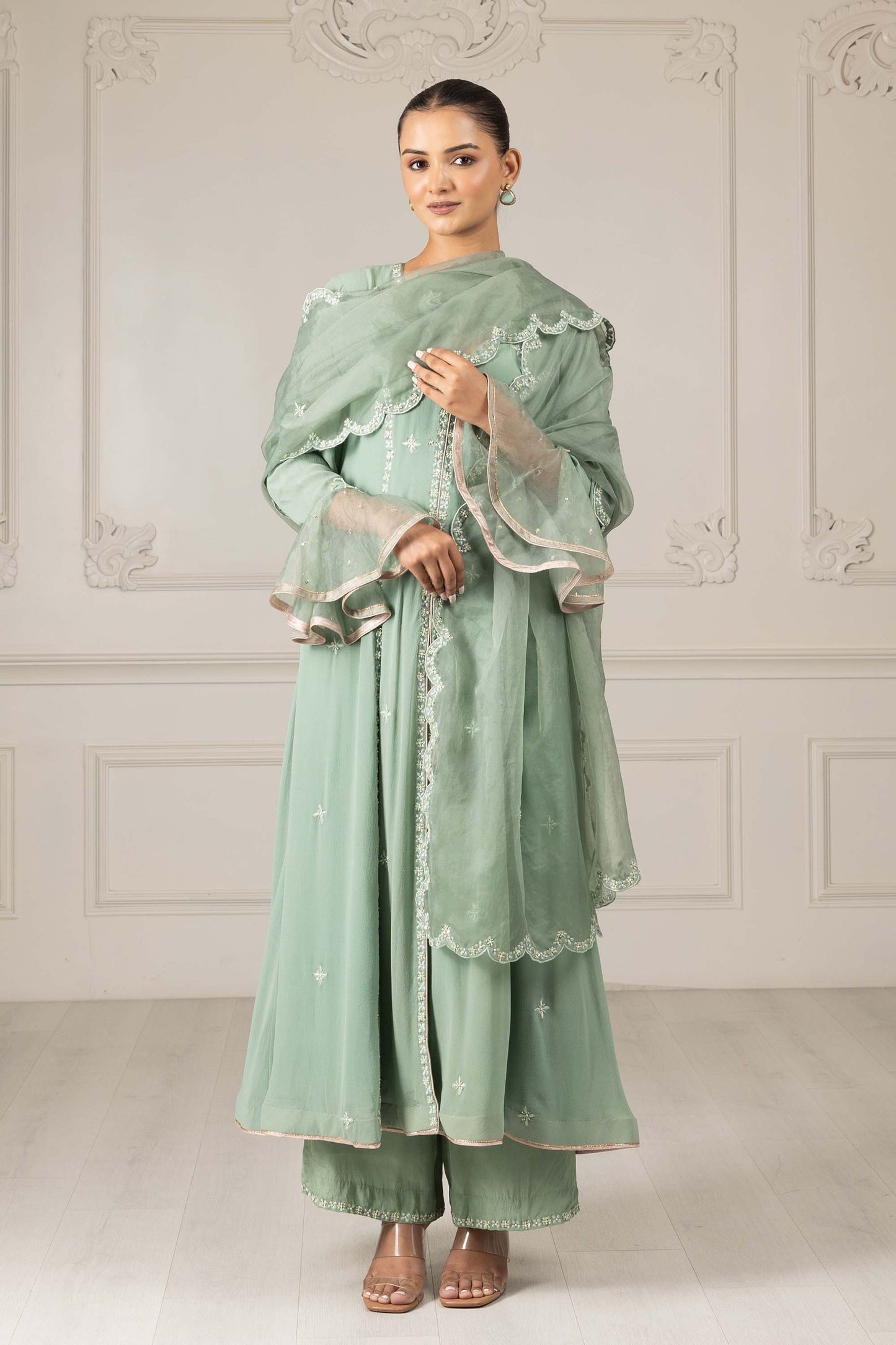 Royalty Tea Green Georgette Thread & Pearl Mehendi Kalidar Set