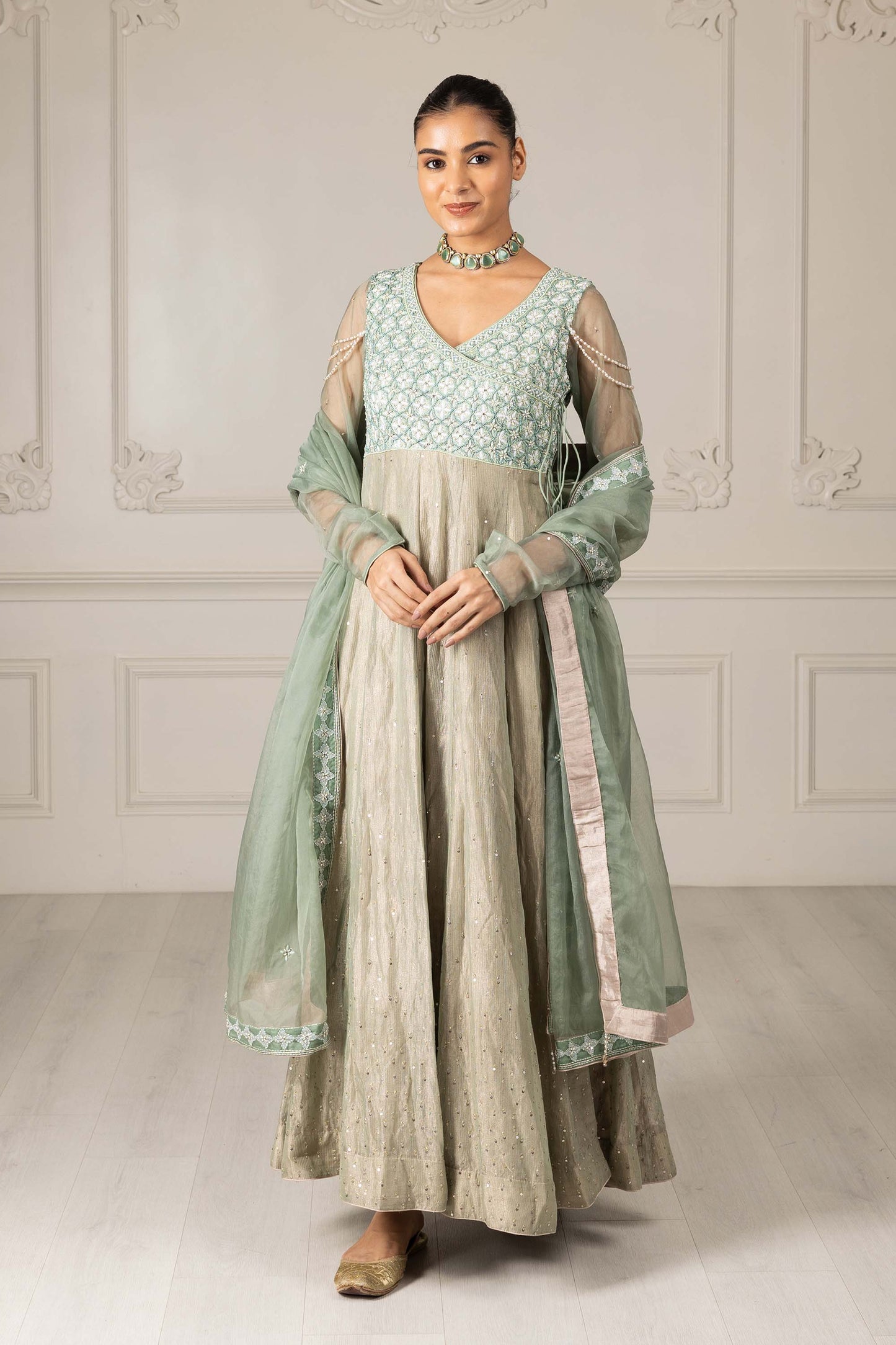 Royalty Tea Green Organza Thread & Pearl Mehendi Anarkali