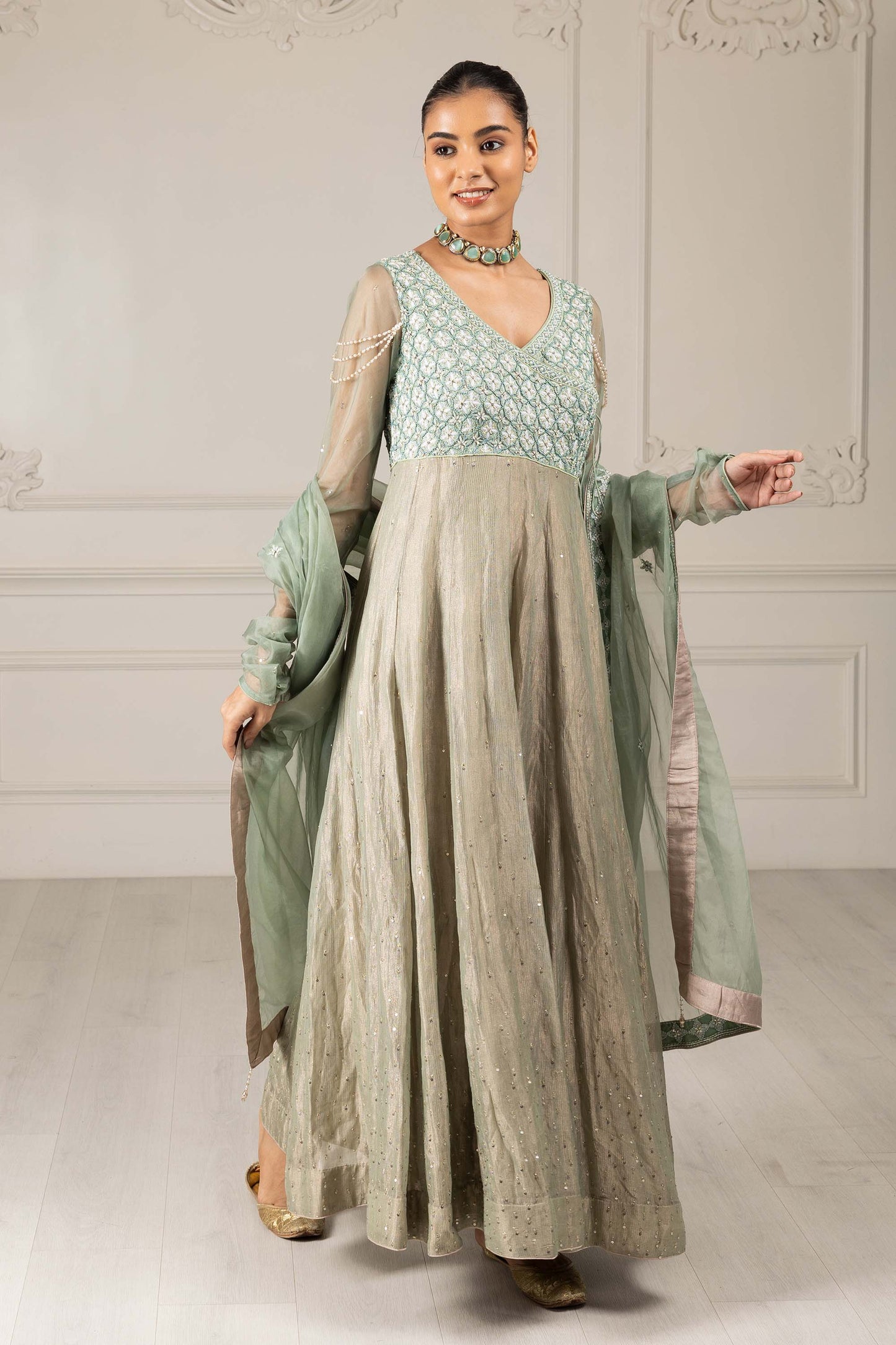 Royalty Tea Green Organza Thread & Pearl Mehendi Anarkali