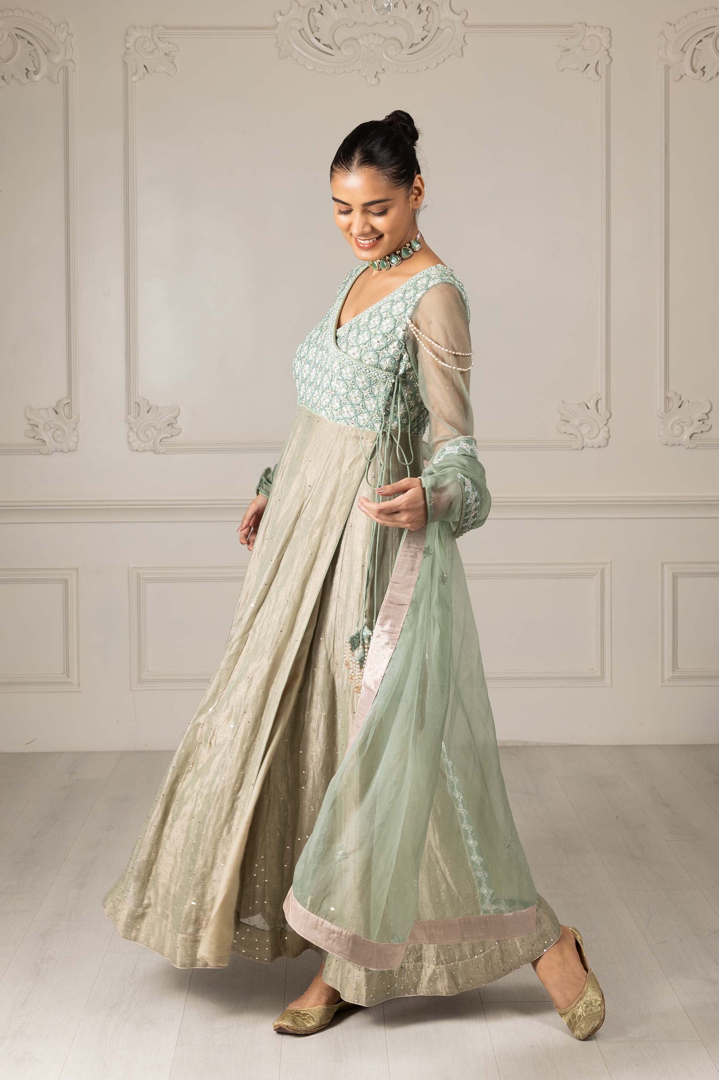 Royalty Tea Green Organza Thread & Pearl Mehendi Anarkali