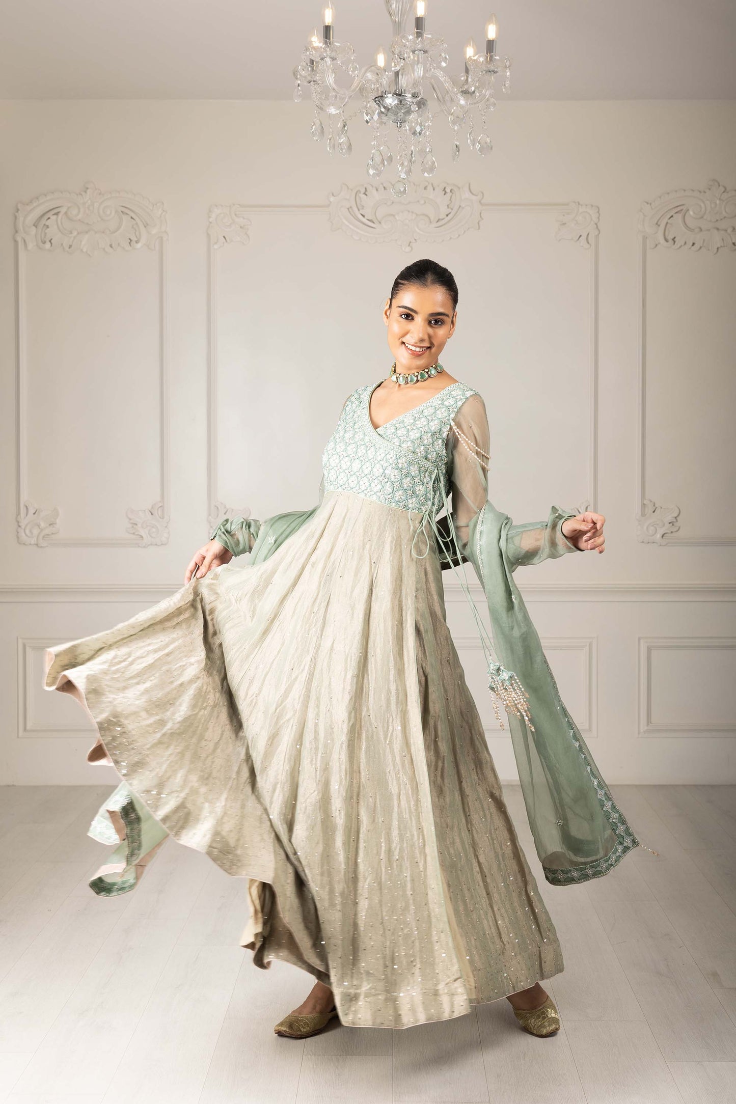 Royalty Tea Green Organza Thread & Pearl Mehendi Anarkali