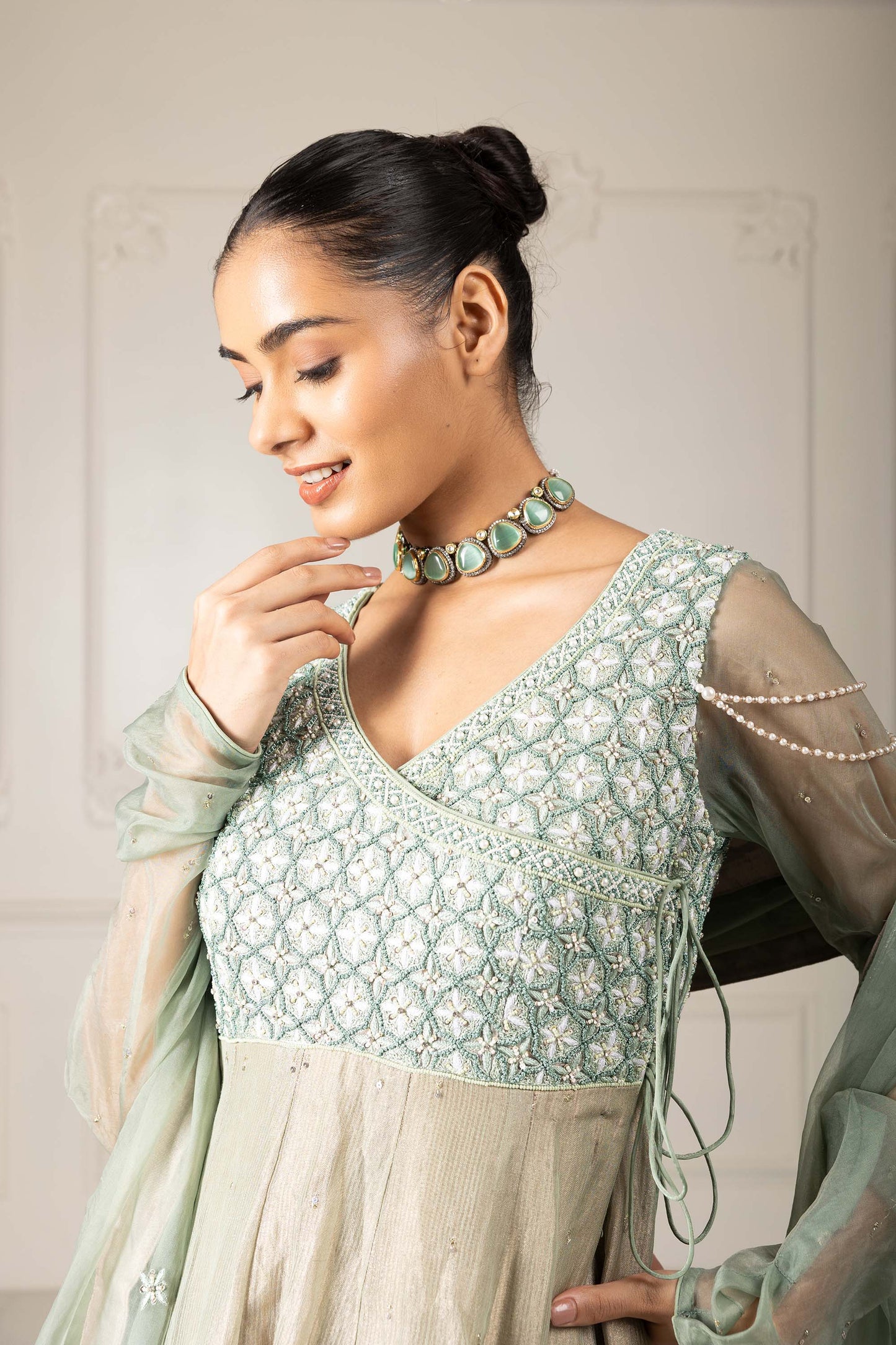 Royalty Tea Green Organza Thread & Pearl Mehendi Anarkali