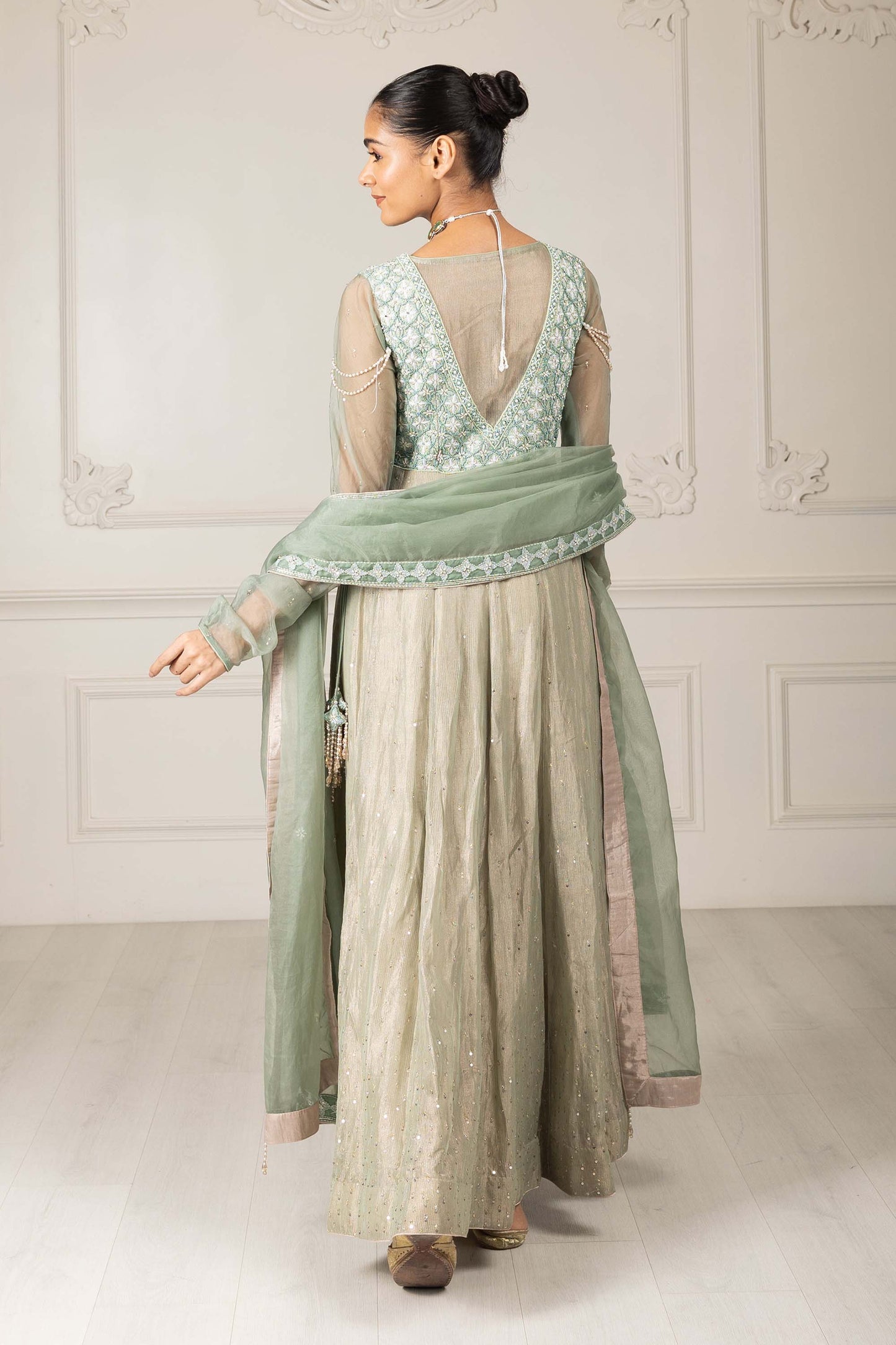 Royalty Tea Green Organza Thread & Pearl Mehendi Anarkali