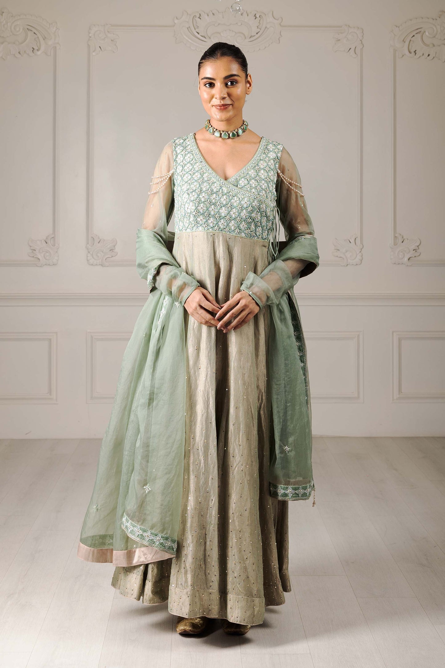 Royalty Tea Green Organza Thread & Pearl Mehendi Anarkali