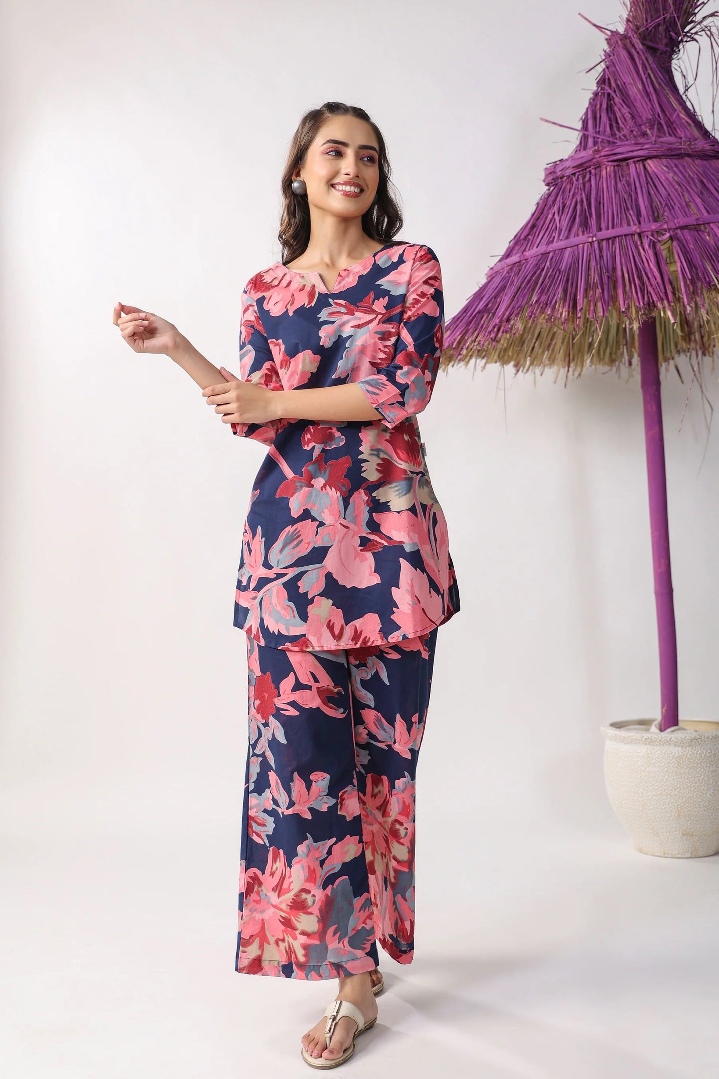 Coord4 Women Pink Printed Pure Cotton Kurta And Pant Set