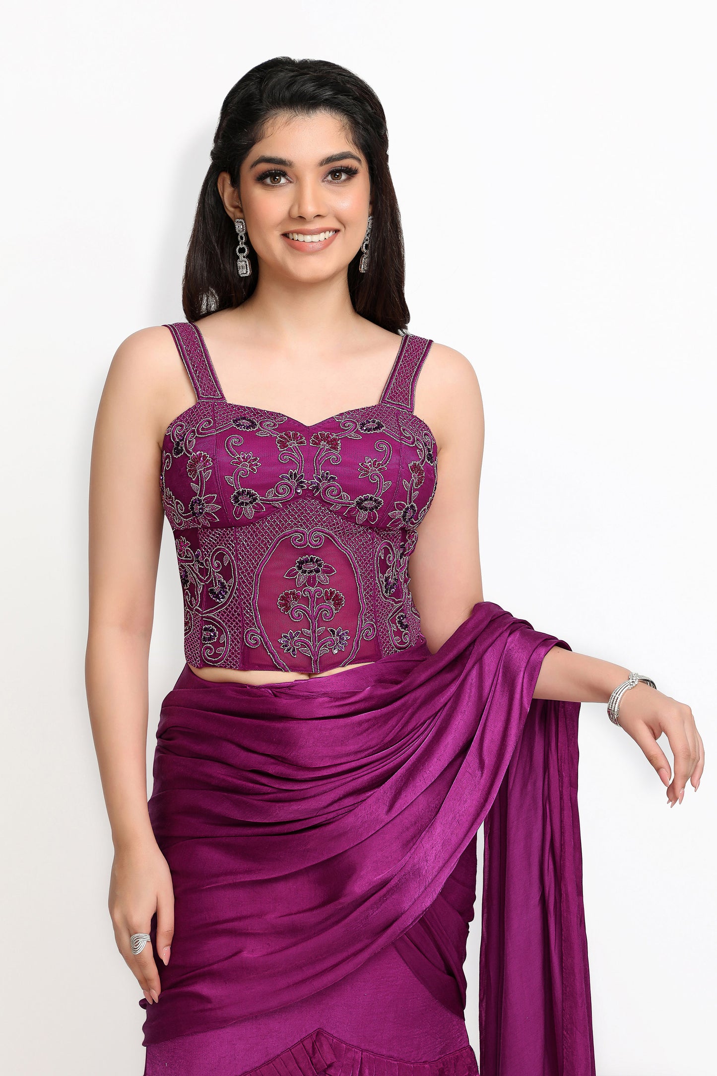 Waterlillies Read to wear Saree- Purple