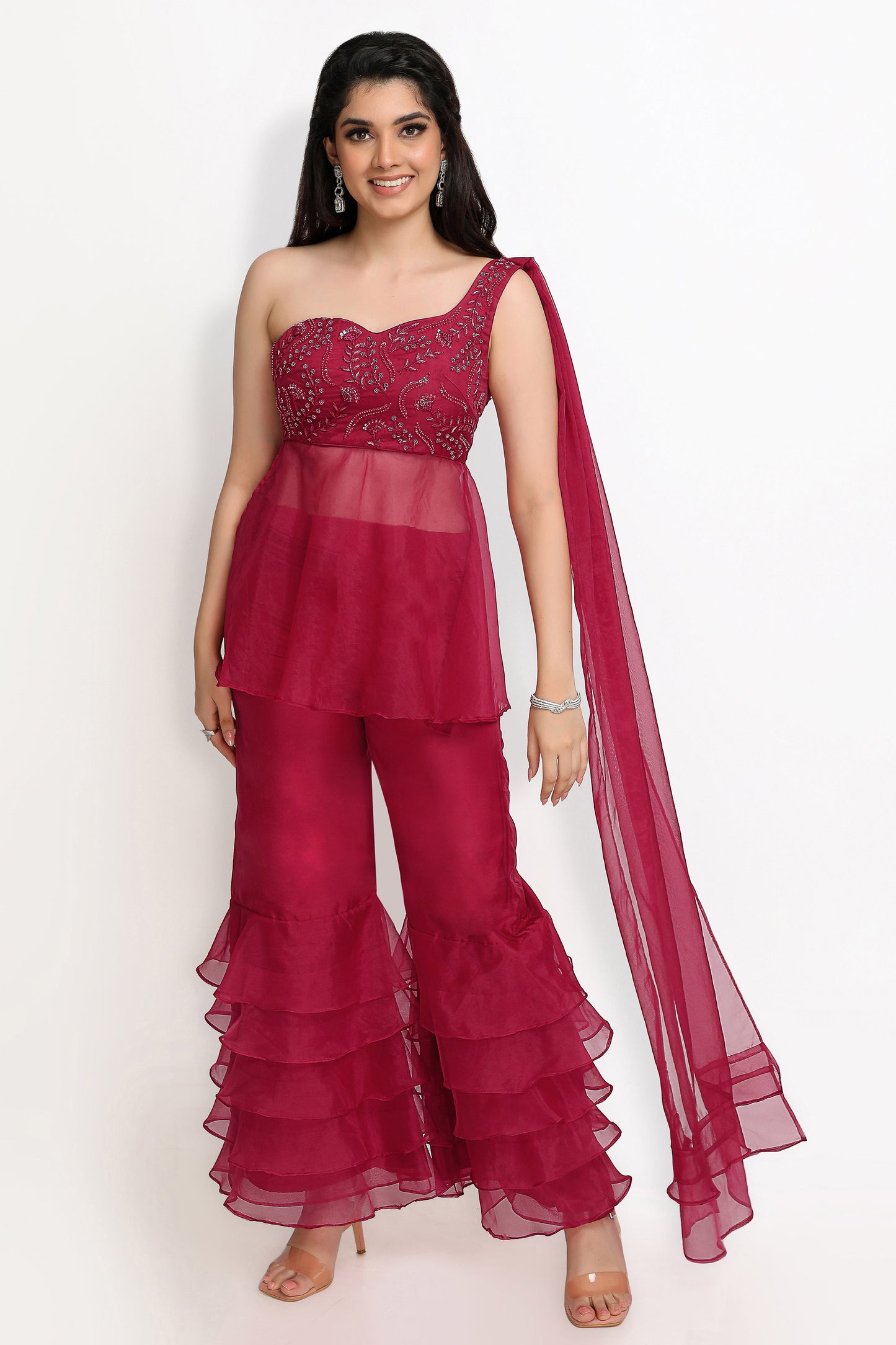 Peony Offshoulder Sharara Set- Wine