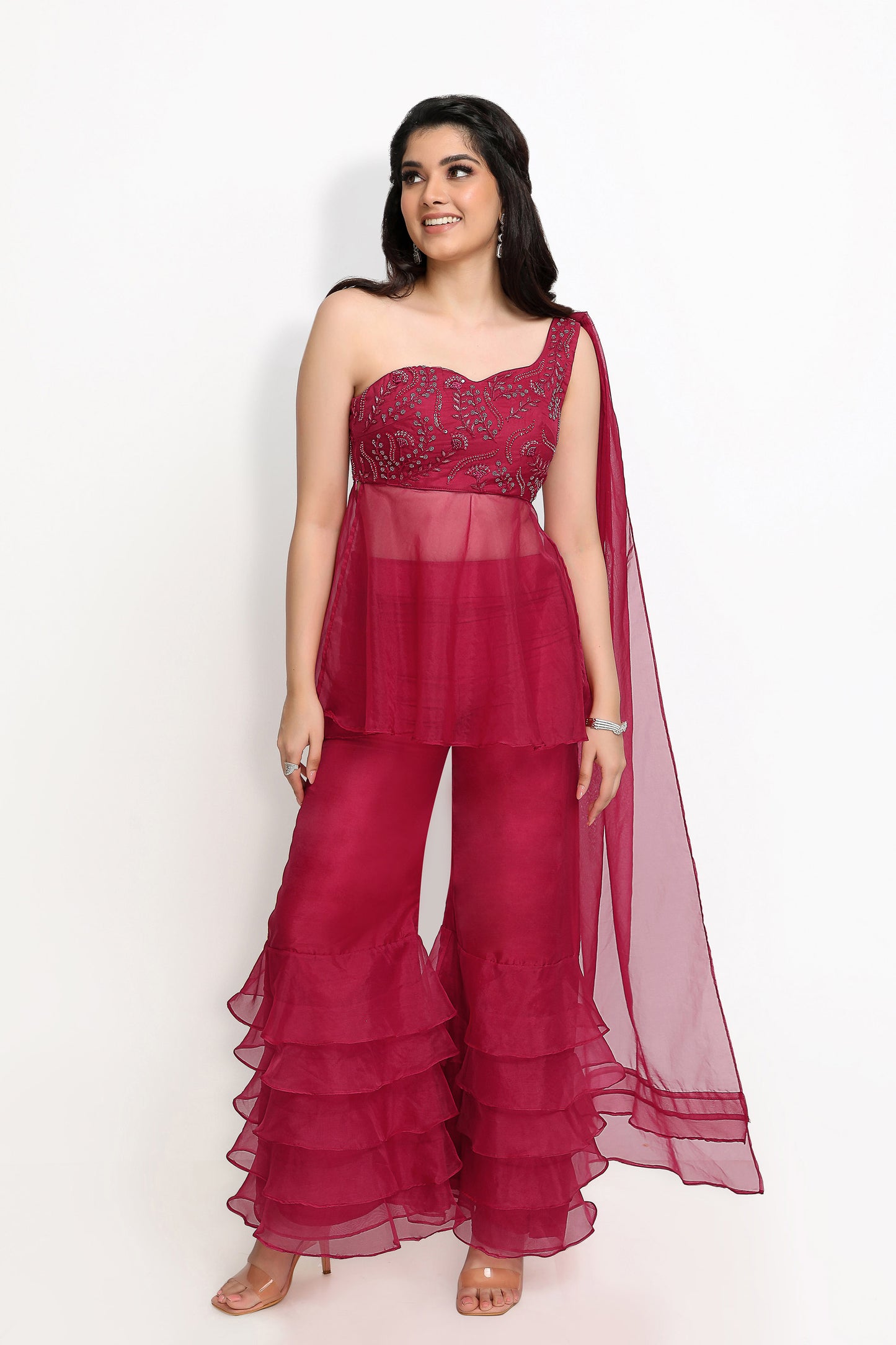 Peony Offshoulder Sharara Set- Wine