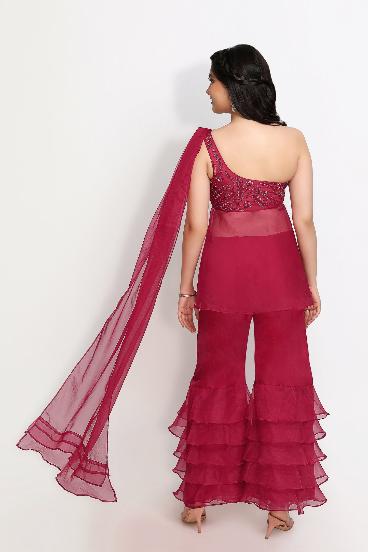 Peony Offshoulder Sharara Set- Wine