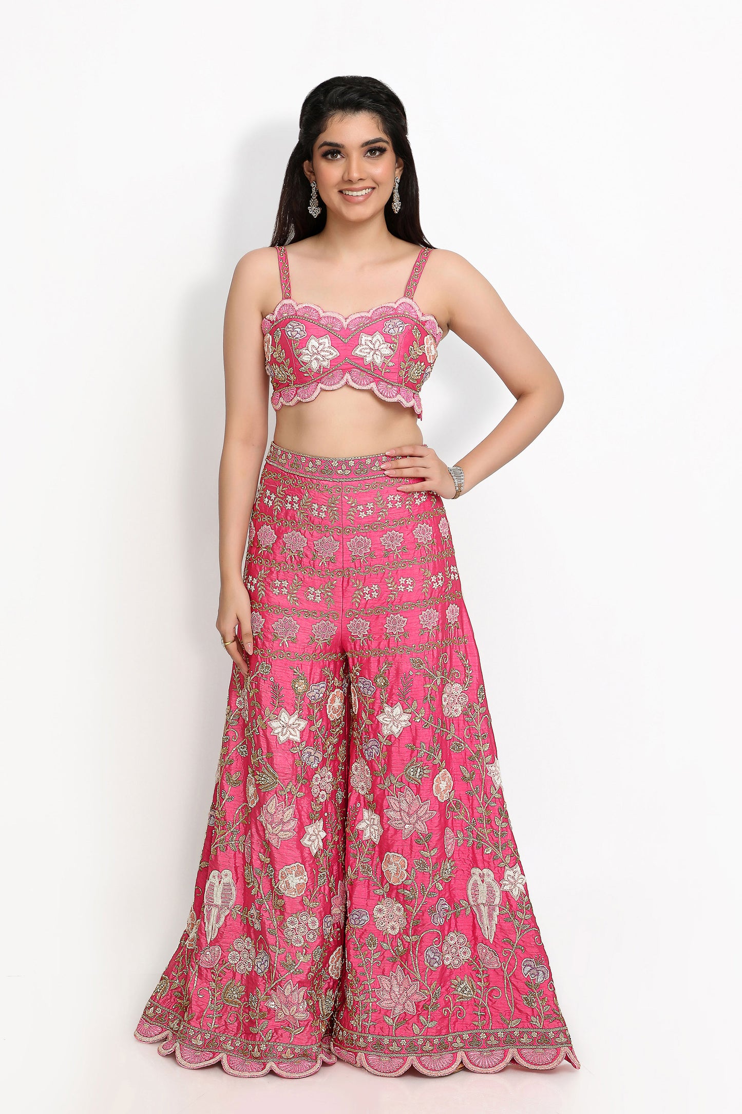 Lovebirds Crop Top Palazzo with Jacket Set- Pink