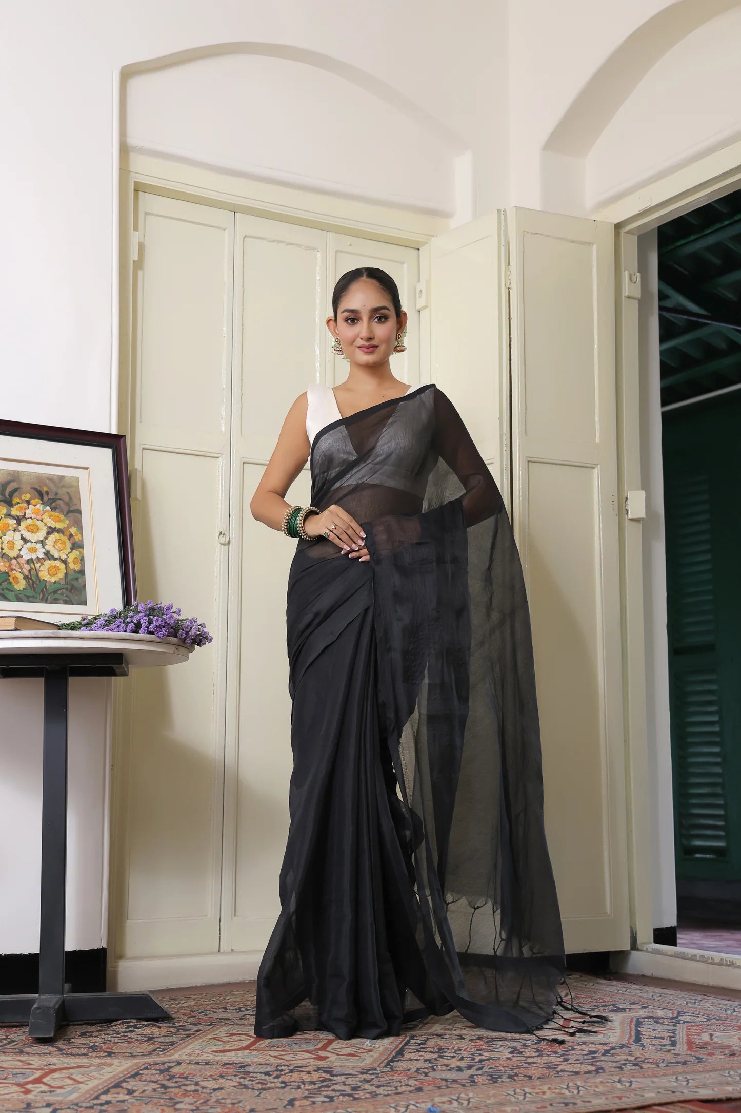 Poppy Black Tissue Linen Handloom saree