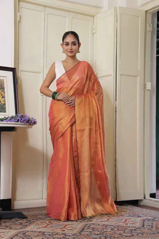 Daisy Orange handloom Mul Tissue saree