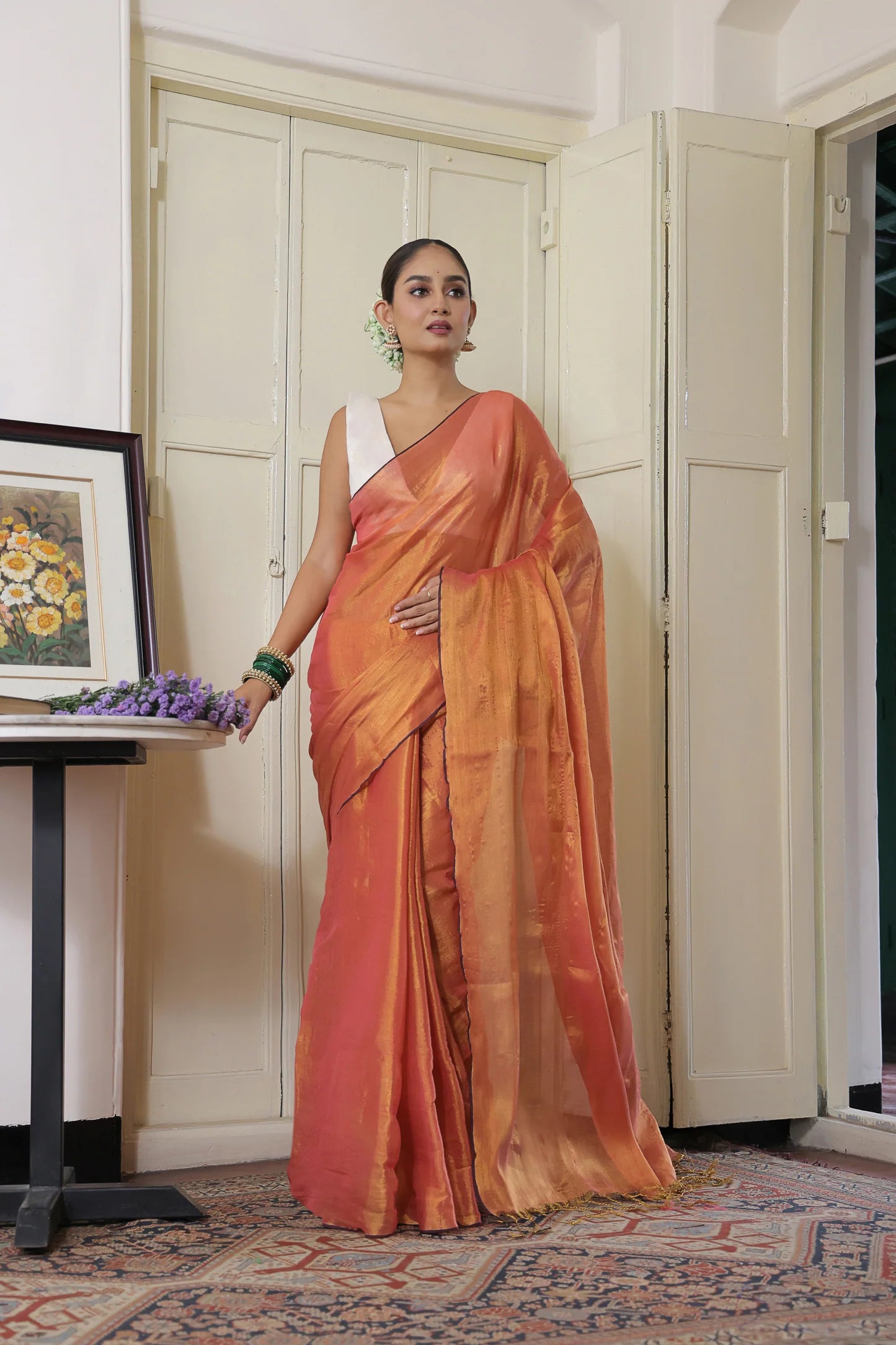 Daisy Orange handloom Mul Tissue saree