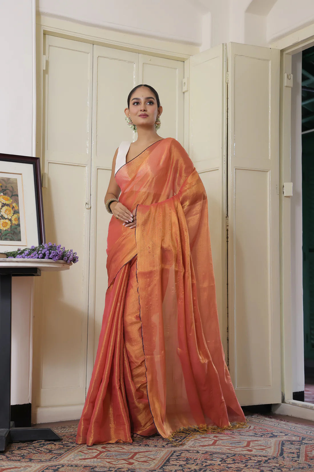 Daisy Orange handloom Mul Tissue saree