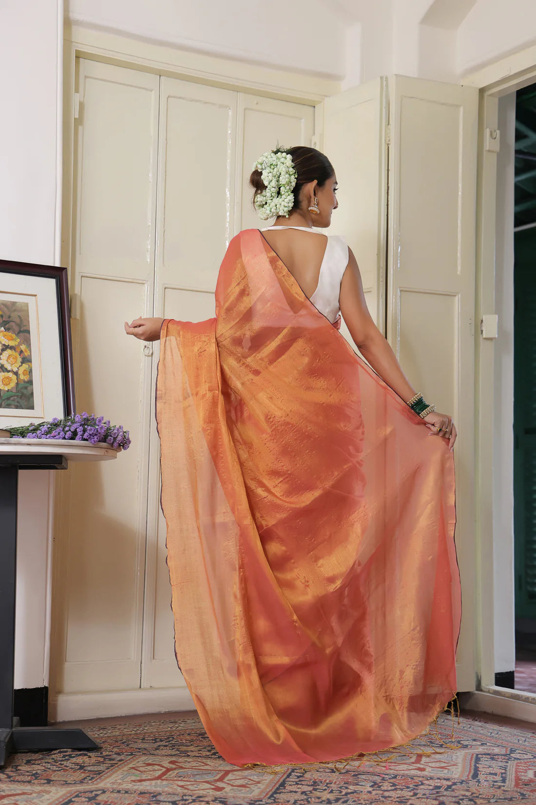 Daisy Orange handloom Mul Tissue saree