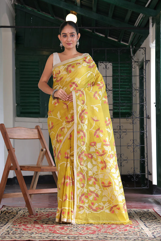 Handloom Amber Yellow Pure Cotton Jamdani Saree with Floral Motifs