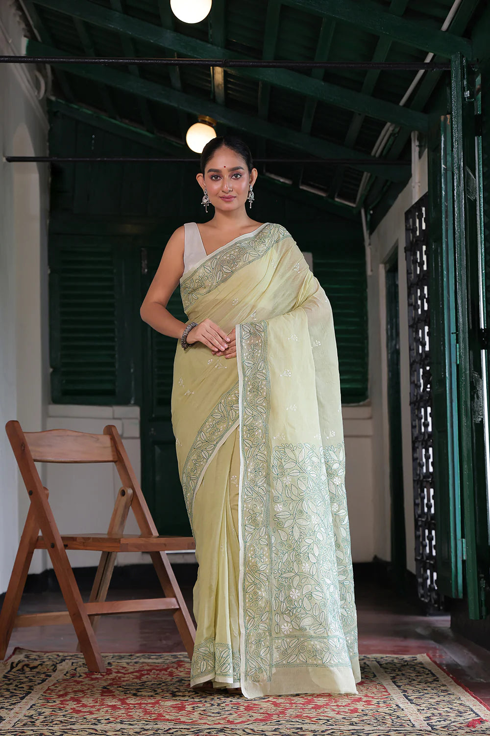 Handloom Tea Green Pure Cotton Kantha Saree